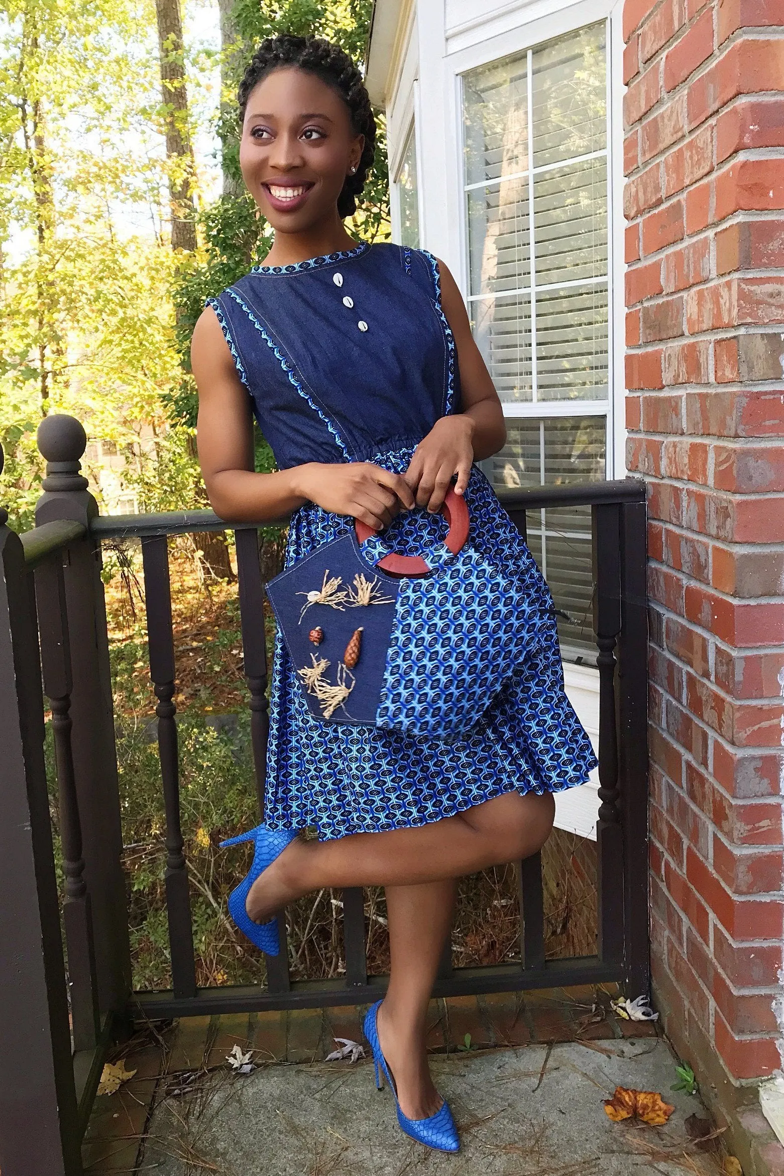 Afia African Print Denim Midi Dress - Blue