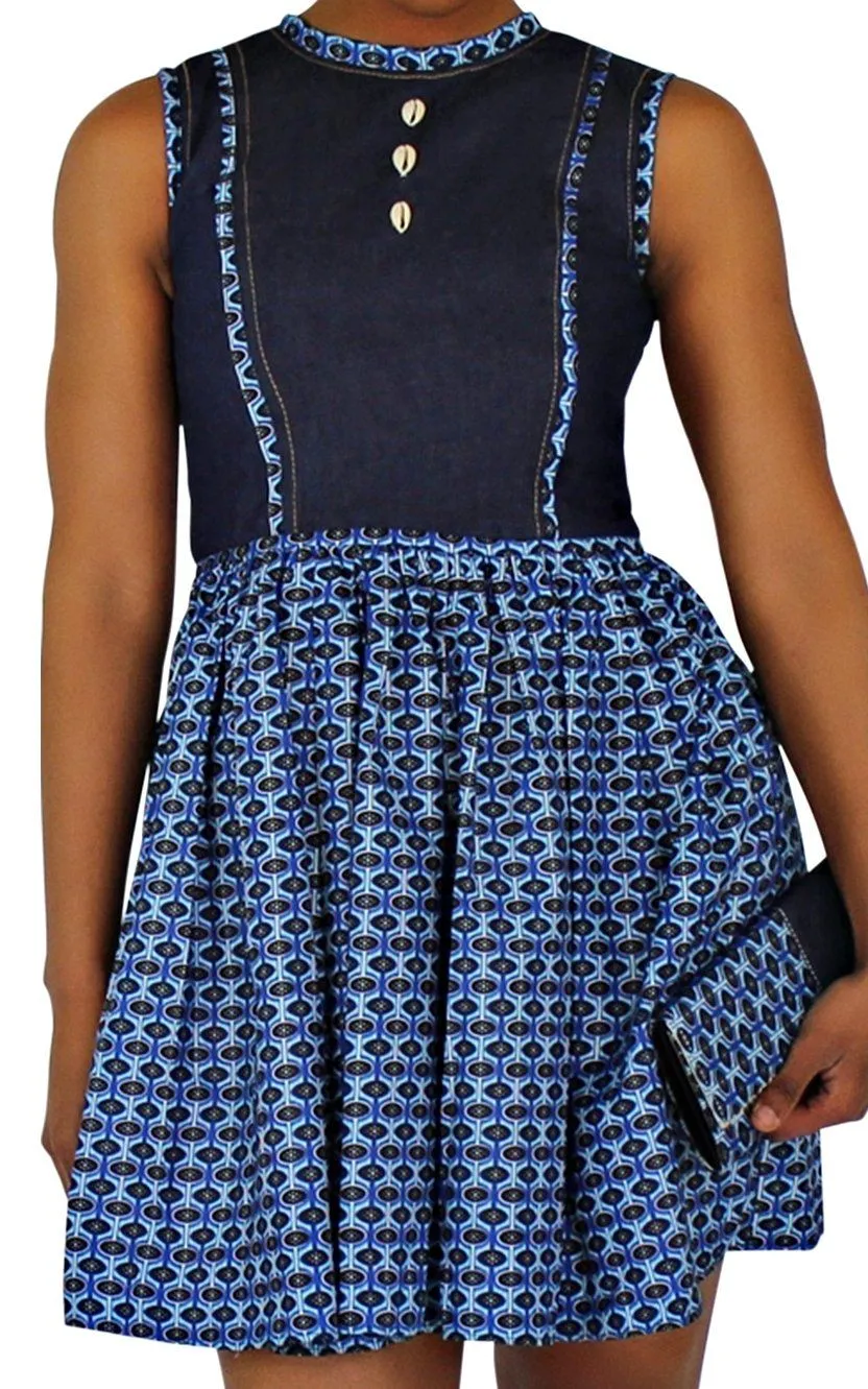 Afia African Print Denim Midi Dress - Blue