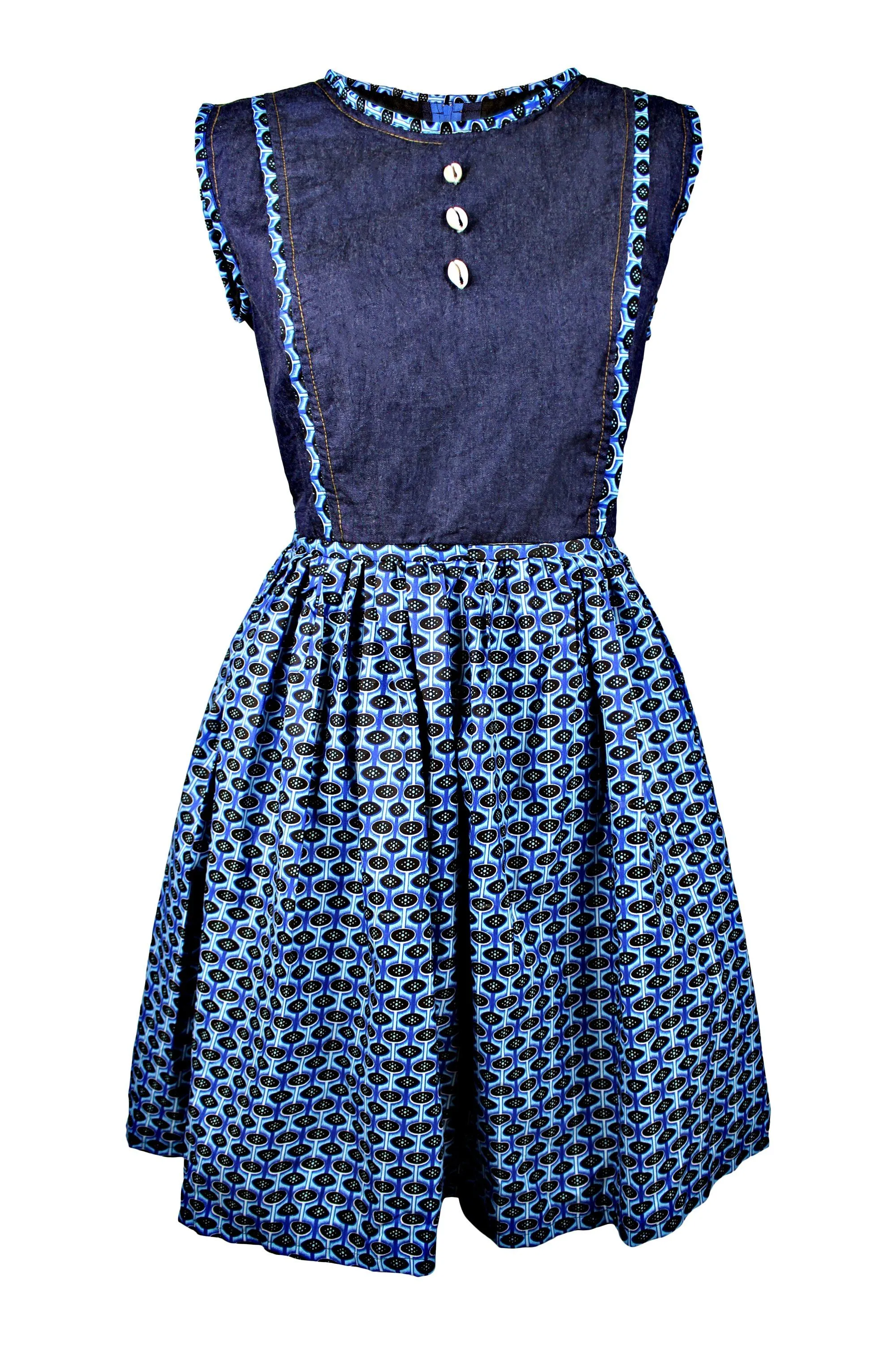 Afia African Print Denim Midi Dress - Blue