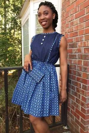 Afia African Print Denim Midi Dress - Blue