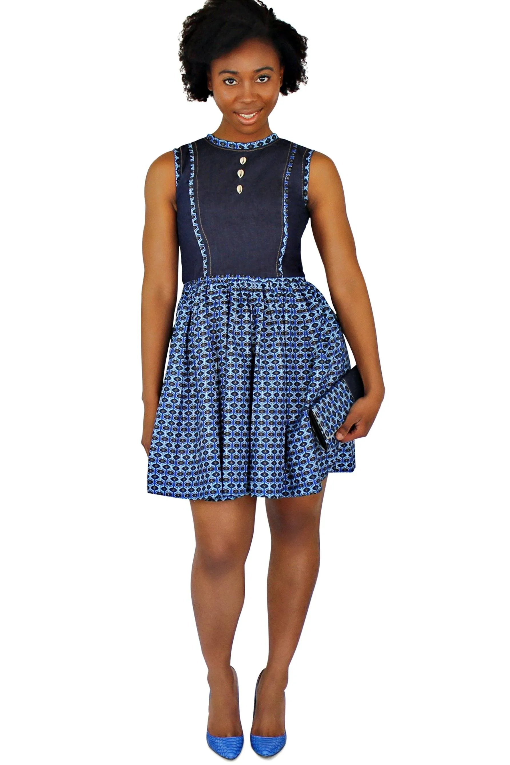 Afia African Print Denim Midi Dress - Blue