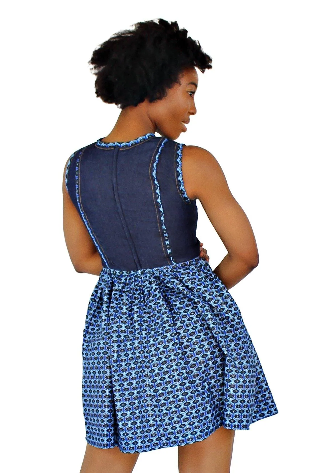 Afia African Print Denim Midi Dress - Blue