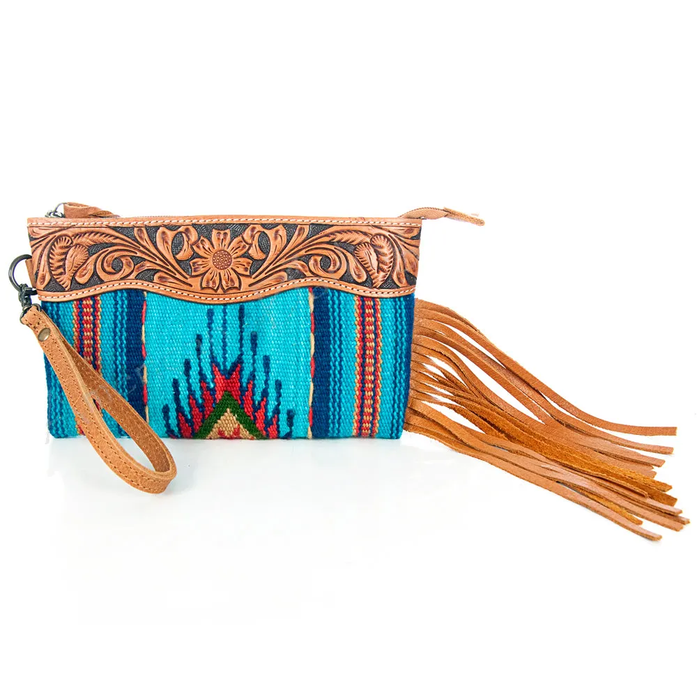 American Darling ADBG344TANF Wristlet Hand Tooled Saddle Blanket Genuine Leather Women Bag Western Handbag Purse