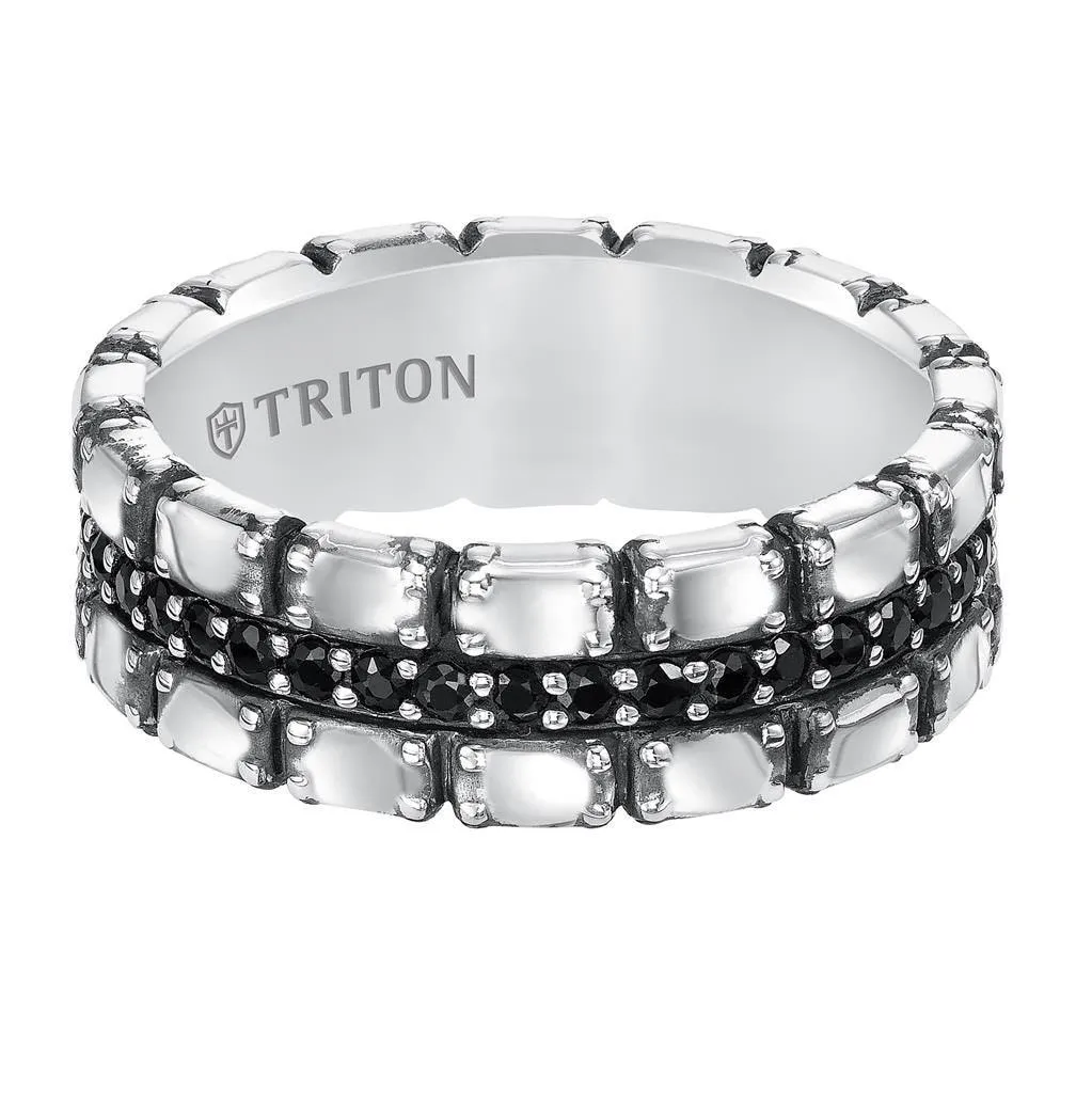 BARAK Sterling Silver Cast wedding band with black sapphires and black Oxidation - 7.5mm