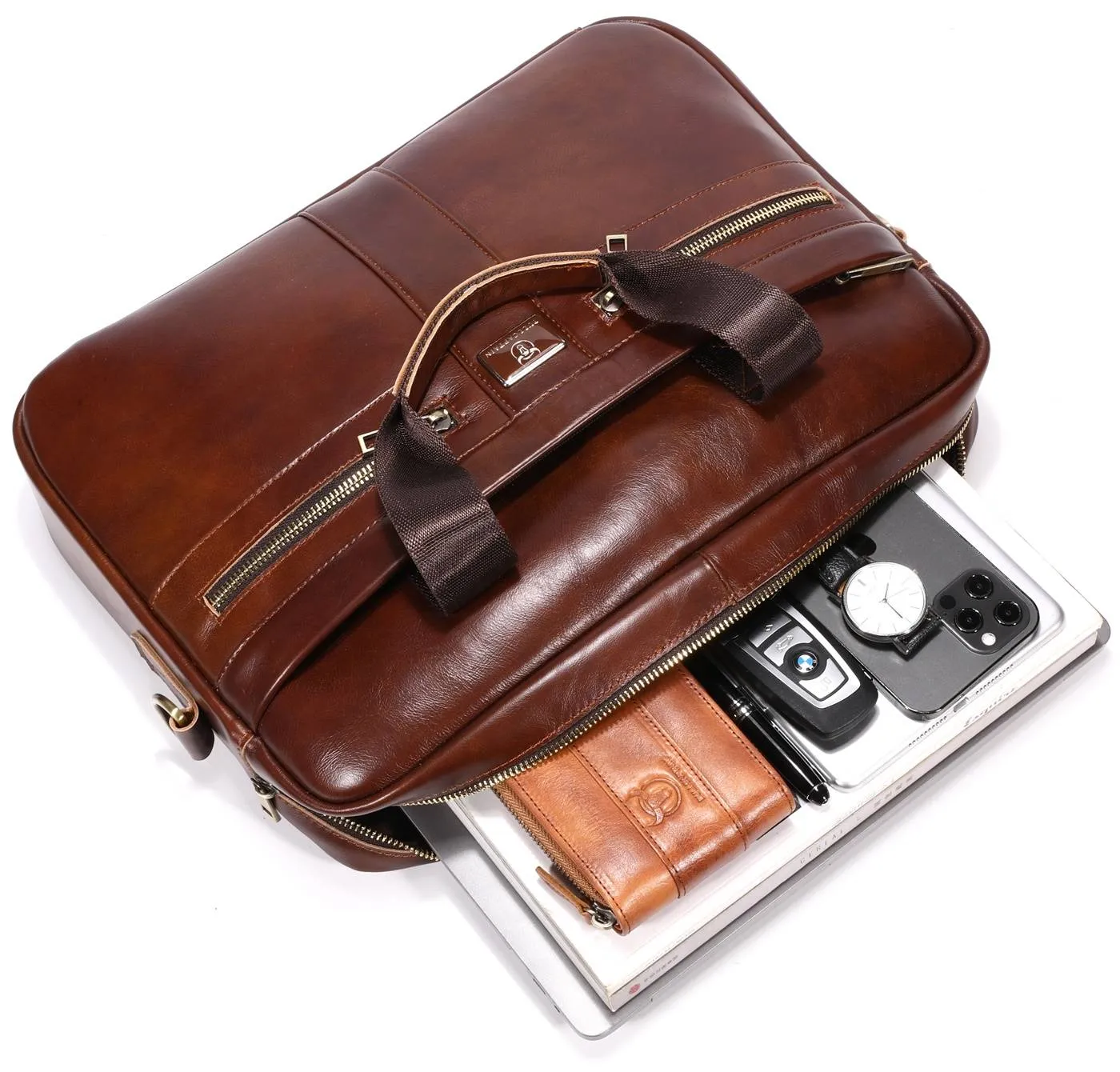 BULLCAPTAIN 16 Inch Men Leather Laptop Messenger Bags Business Travel Briefcases