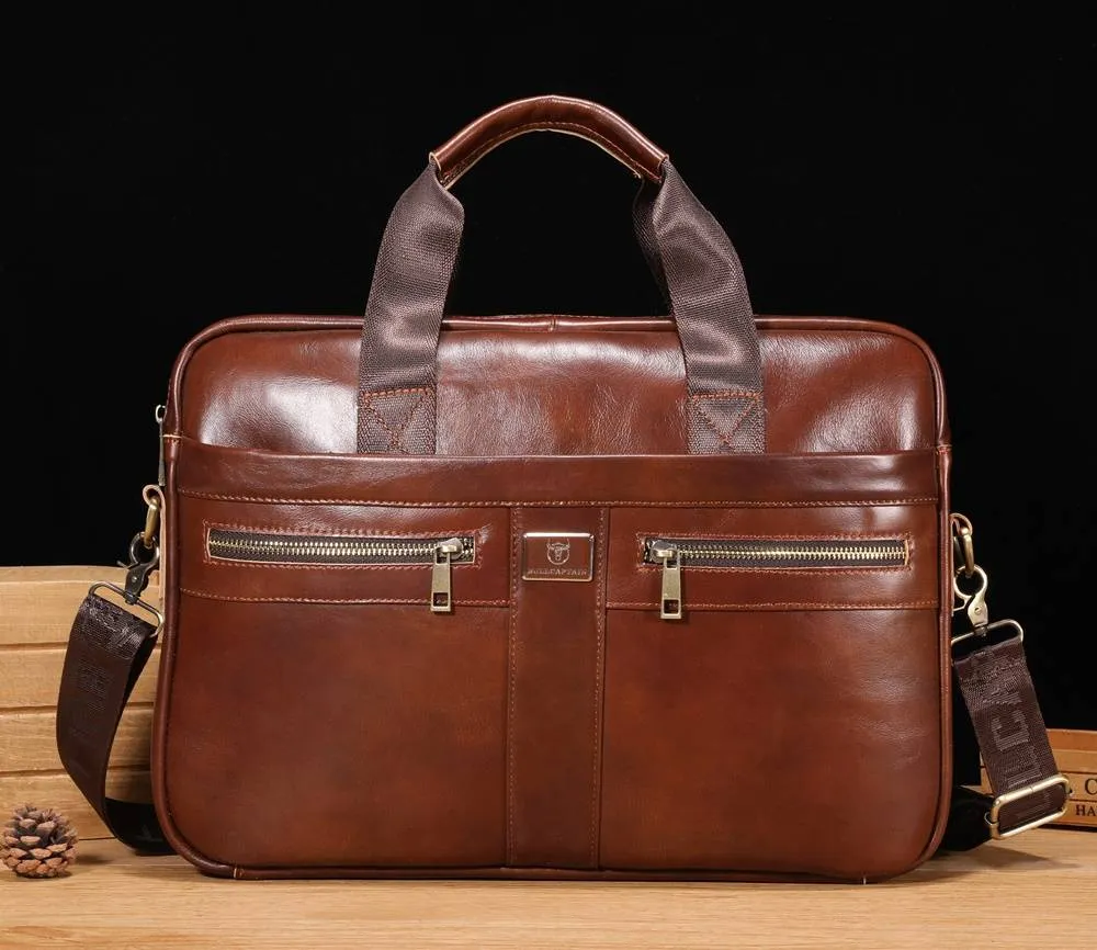BULLCAPTAIN 16 Inch Men Leather Laptop Messenger Bags Business Travel Briefcases