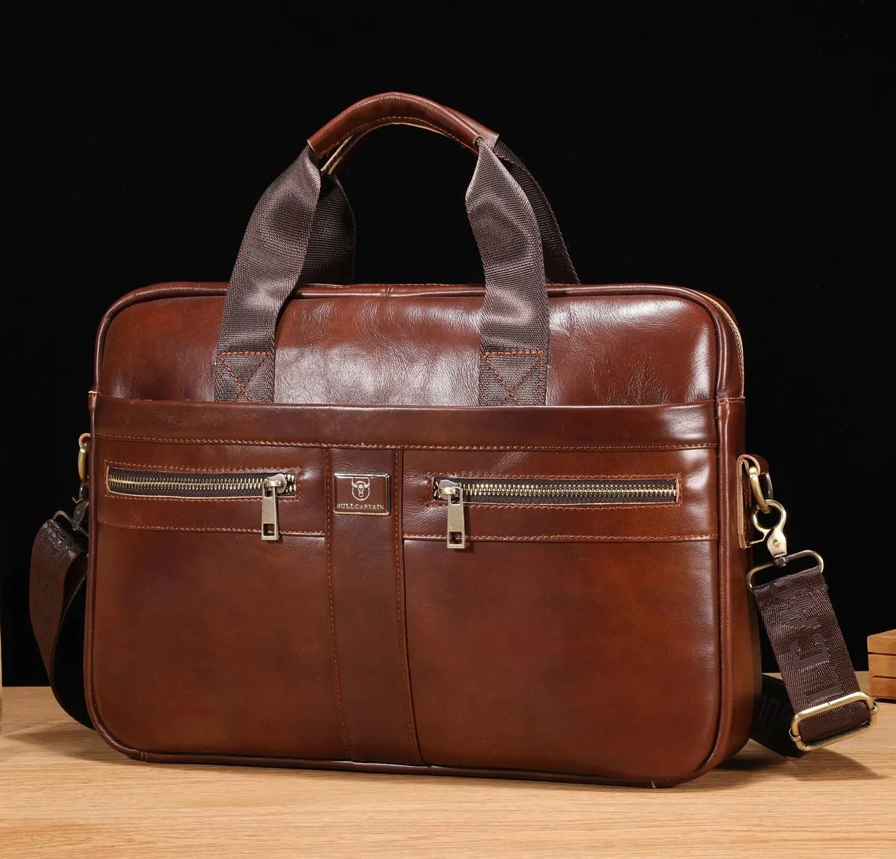 BULLCAPTAIN 16 Inch Men Leather Laptop Messenger Bags Business Travel Briefcases