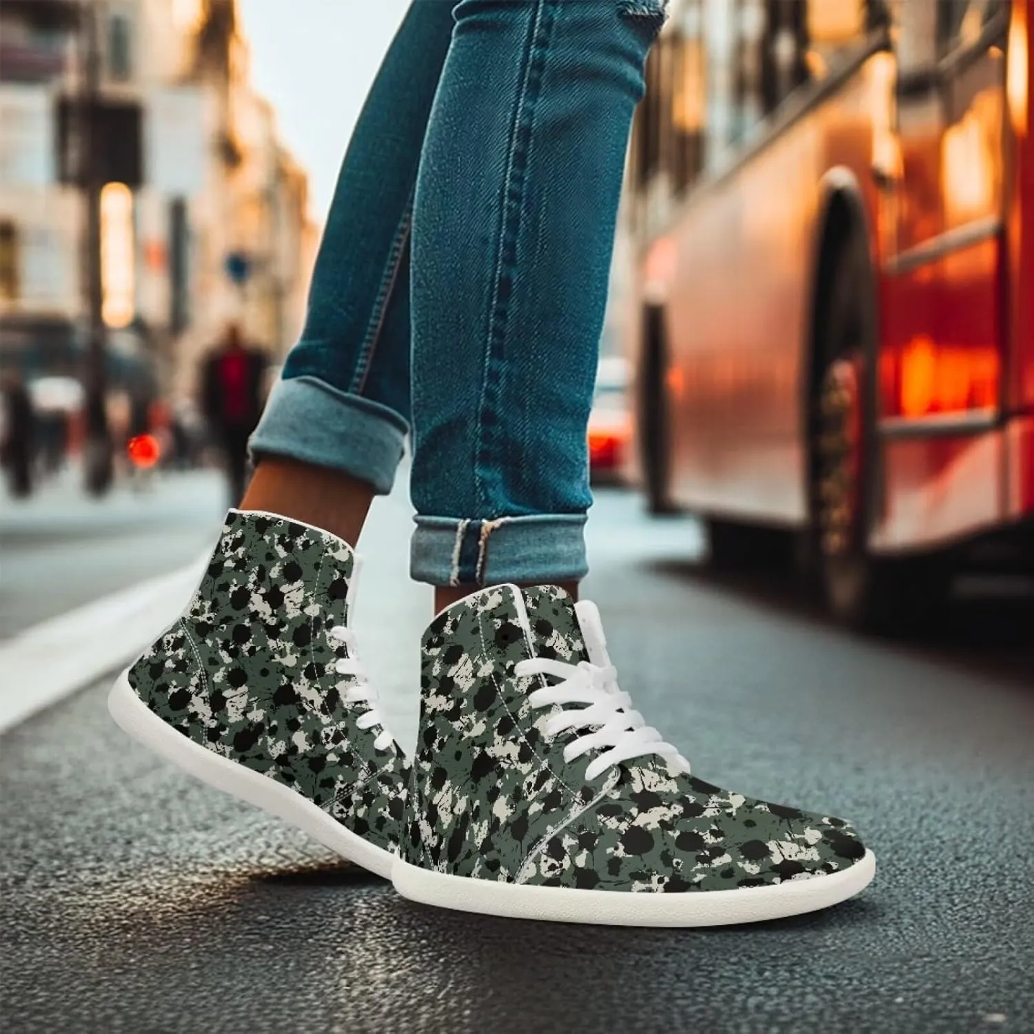 Camouflage Print High Top Barefoot Shoes for Men Comfy Flats PU Leather Walking Shoes Lightweight Non Slip Casual Lace Up Sneakers