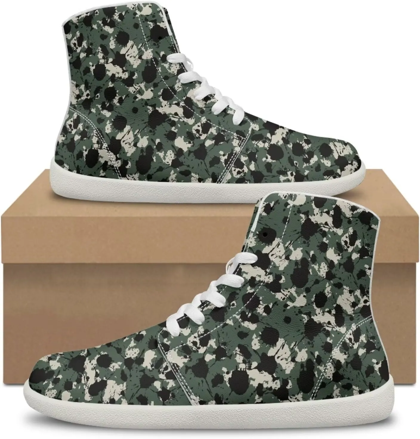Camouflage Print High Top Barefoot Shoes for Men Comfy Flats PU Leather Walking Shoes Lightweight Non Slip Casual Lace Up Sneakers