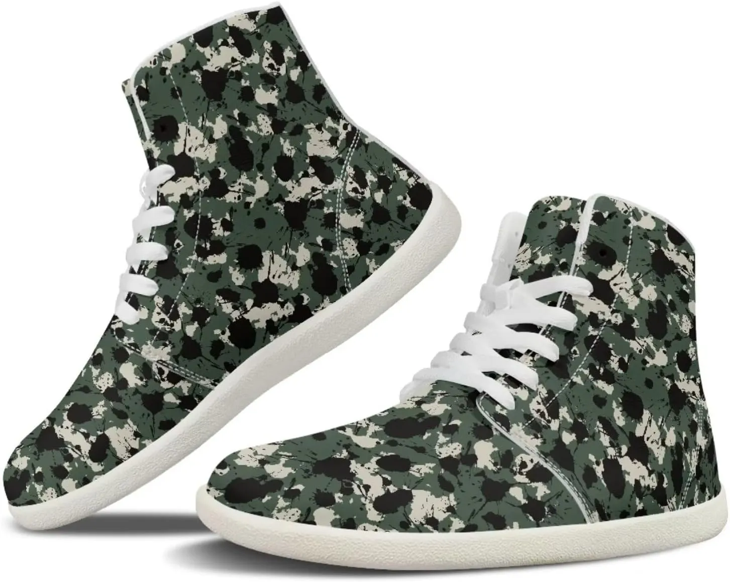 Camouflage Print High Top Barefoot Shoes for Men Comfy Flats PU Leather Walking Shoes Lightweight Non Slip Casual Lace Up Sneakers