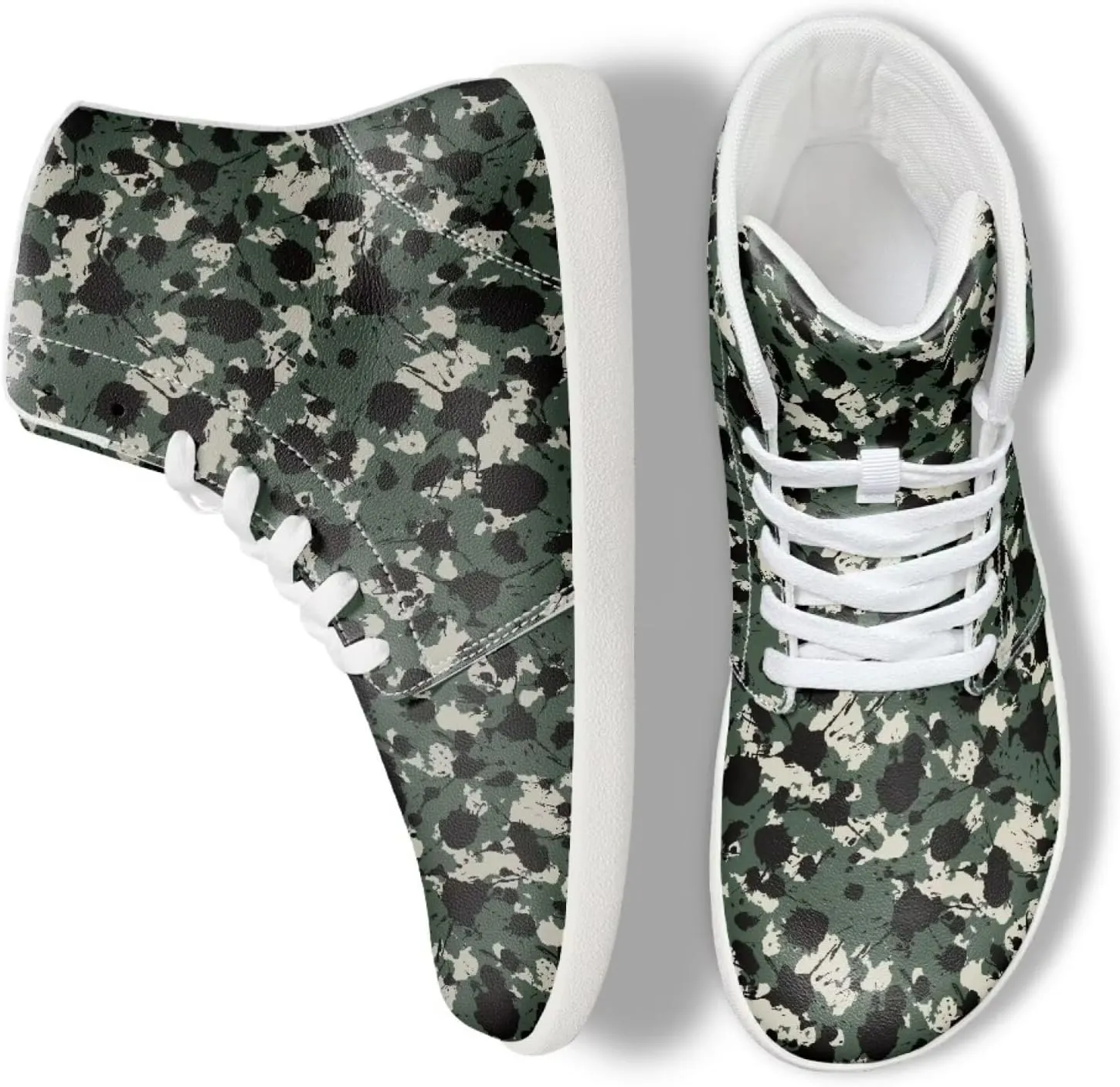 Camouflage Print High Top Barefoot Shoes for Men Comfy Flats PU Leather Walking Shoes Lightweight Non Slip Casual Lace Up Sneakers