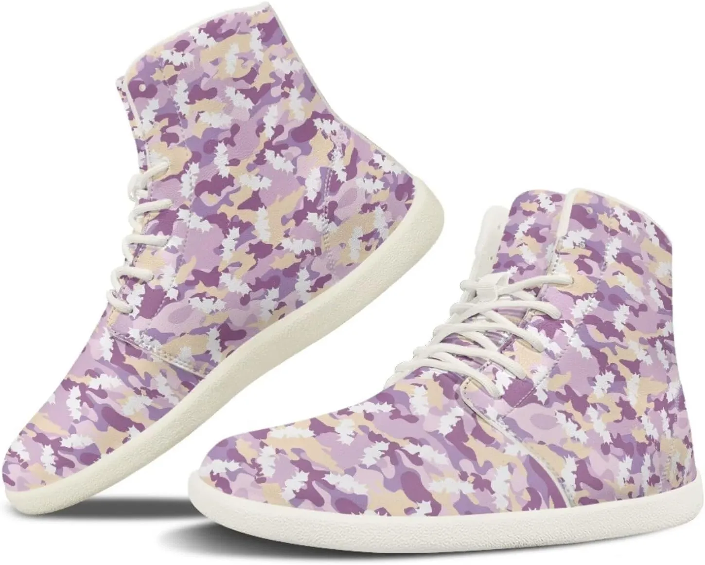 Camouflage Print High Top Barefoot Shoes for Men Comfy Flats PU Leather Walking Shoes Lightweight Non Slip Casual Lace Up Sneakers