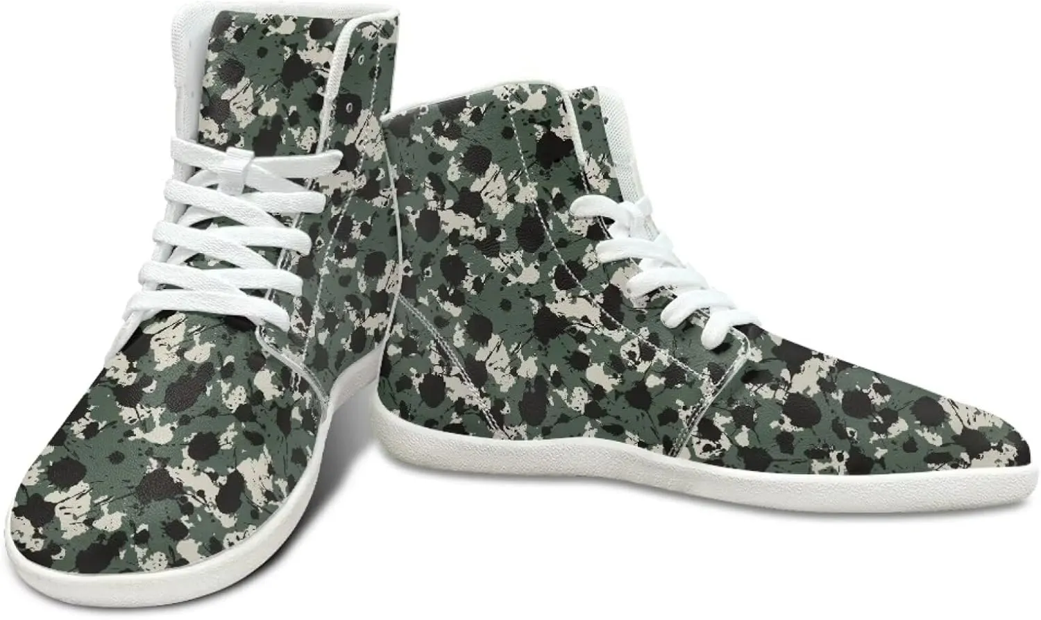Camouflage Print High Top Barefoot Shoes for Men Comfy Flats PU Leather Walking Shoes Lightweight Non Slip Casual Lace Up Sneakers