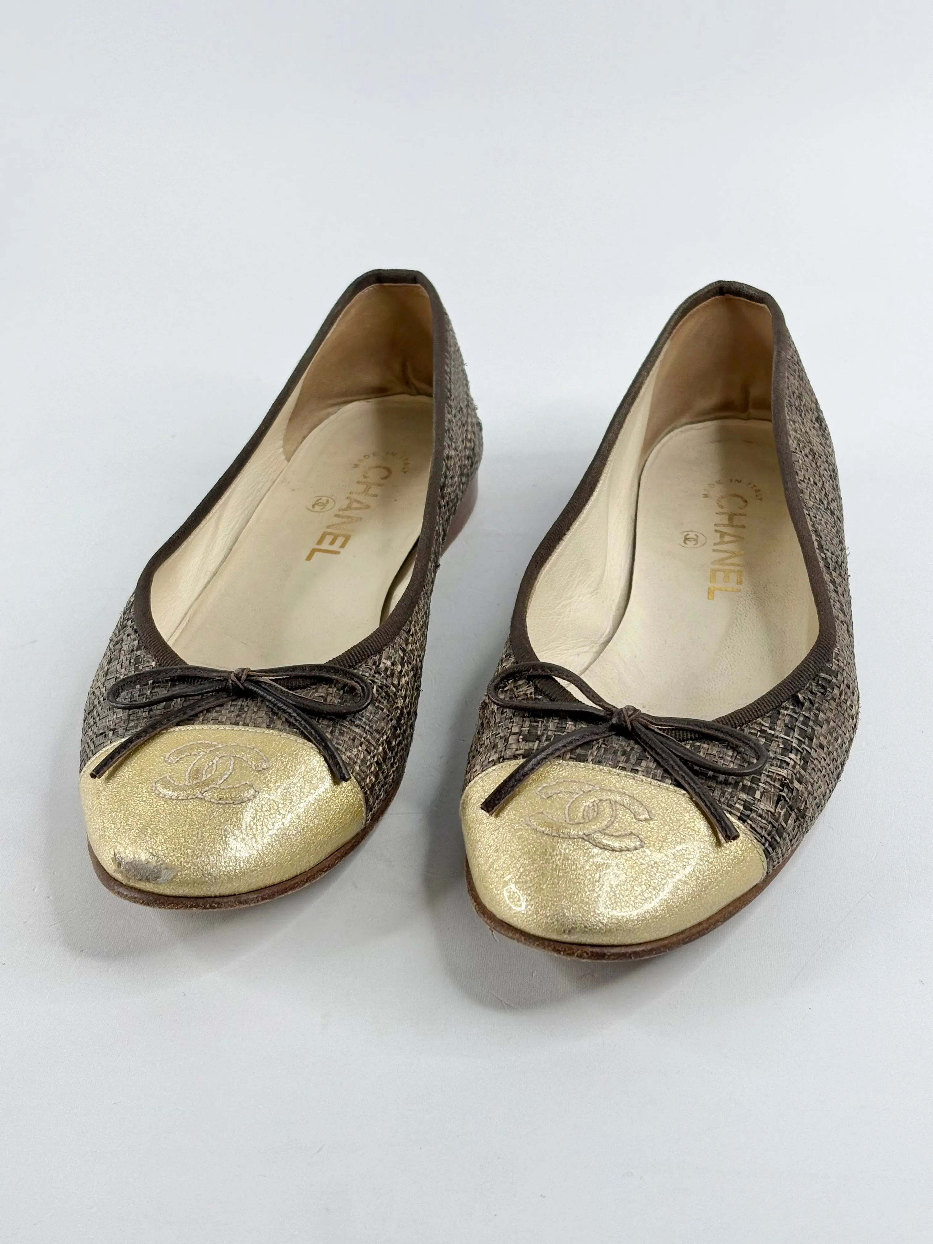 Chanel Gold Toe Leather & Hessian Ballet Flats - EU39