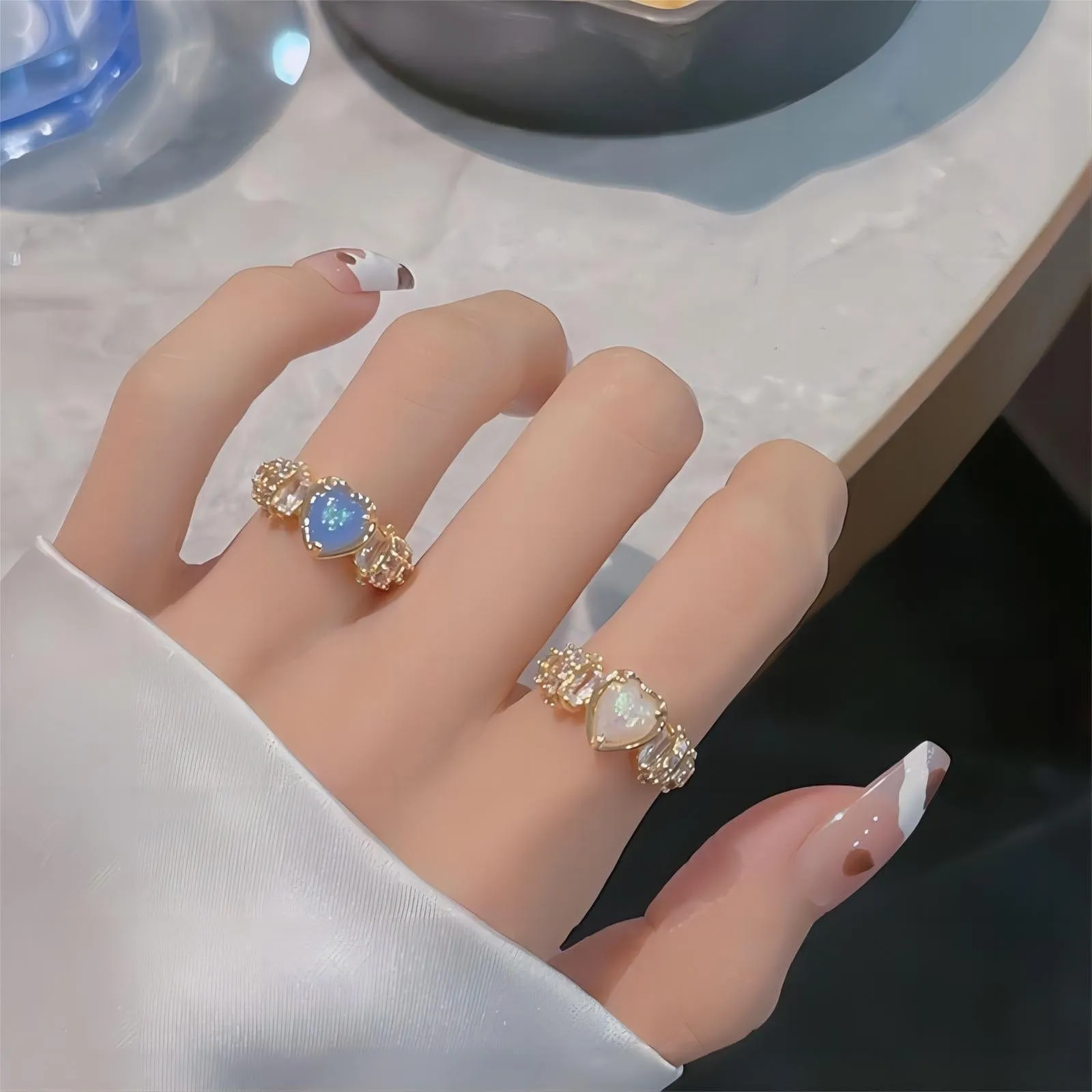 Chic Rhinestone Opal Heart Ring