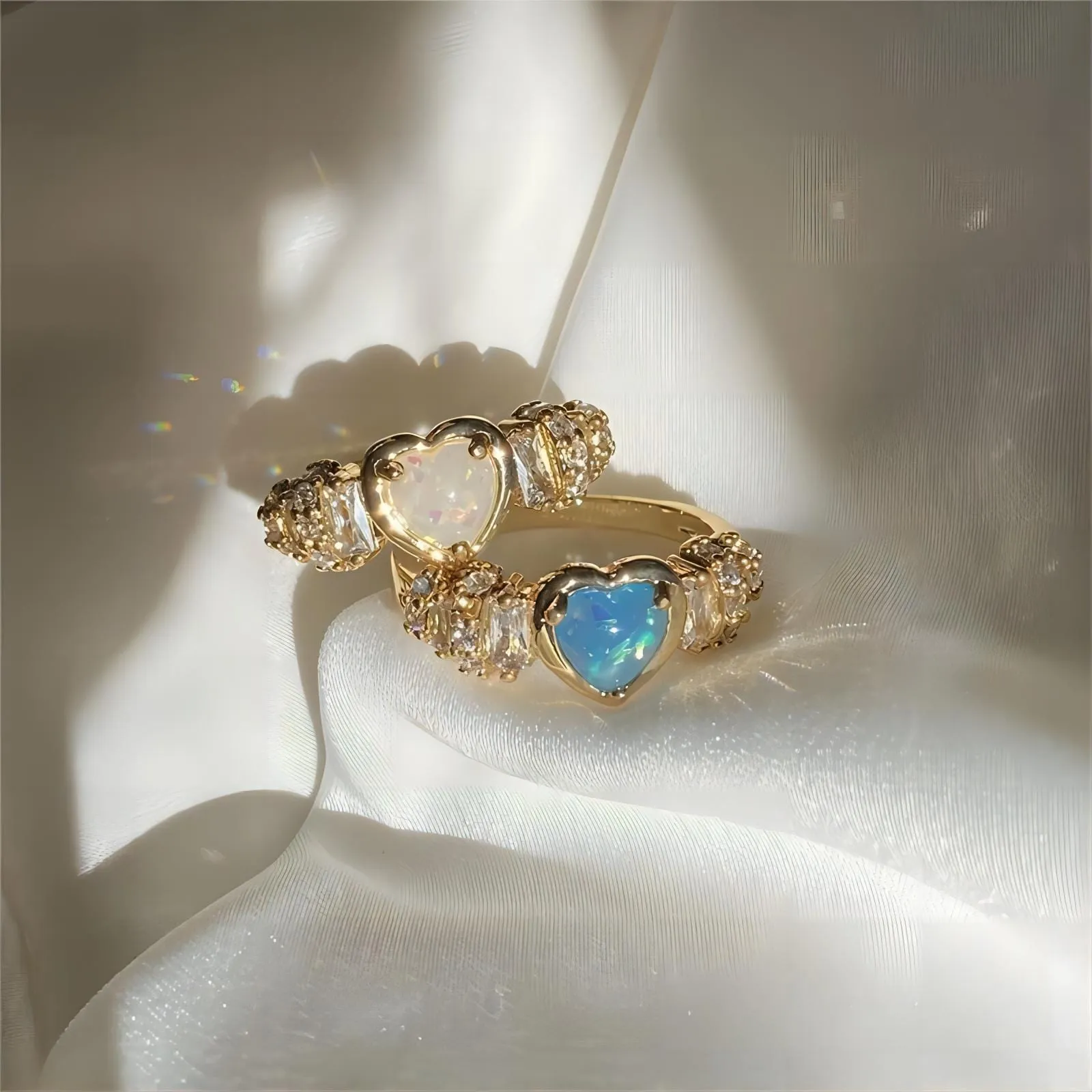 Chic Rhinestone Opal Heart Ring