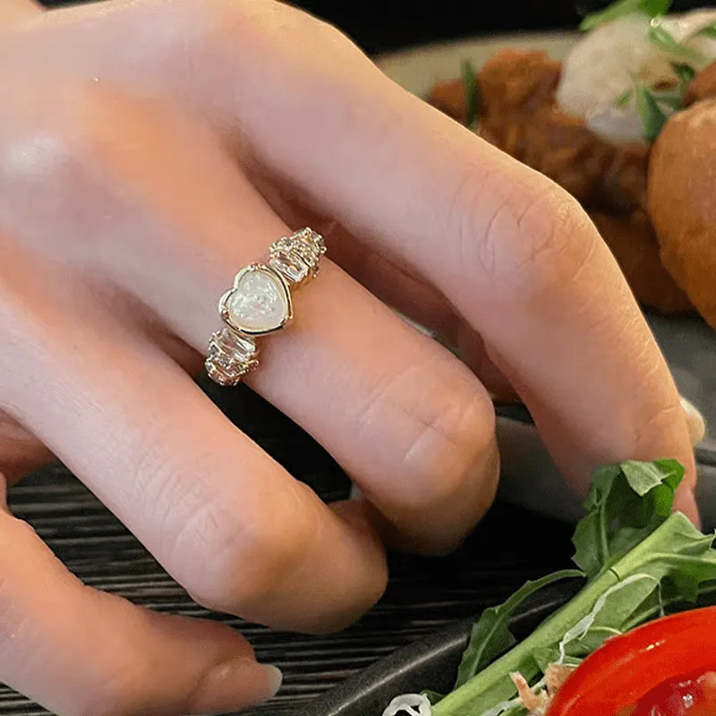 Chic Rhinestone Opal Heart Ring