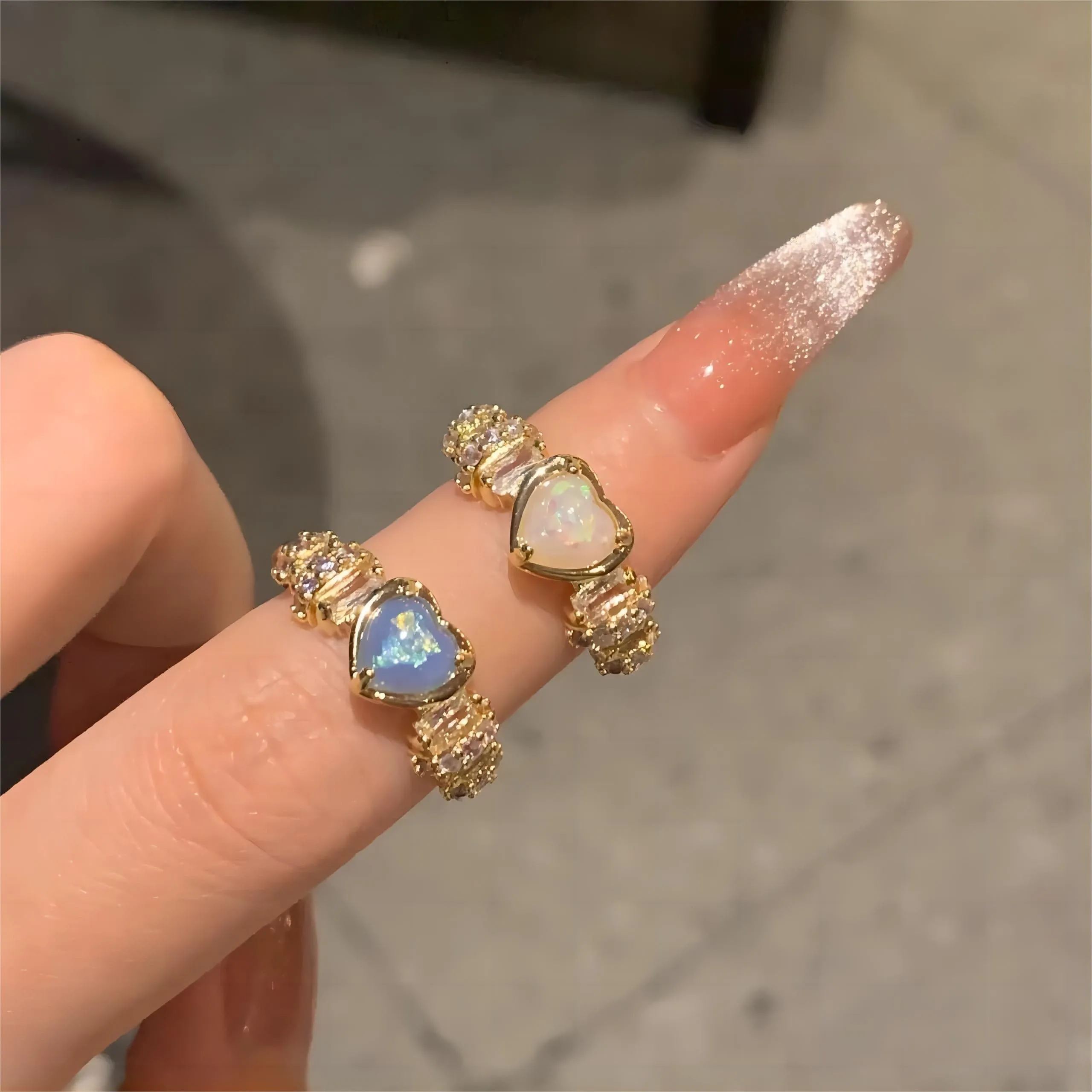 Chic Rhinestone Opal Heart Ring