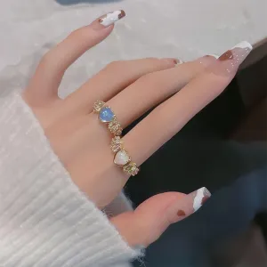 Chic Rhinestone Opal Heart Ring