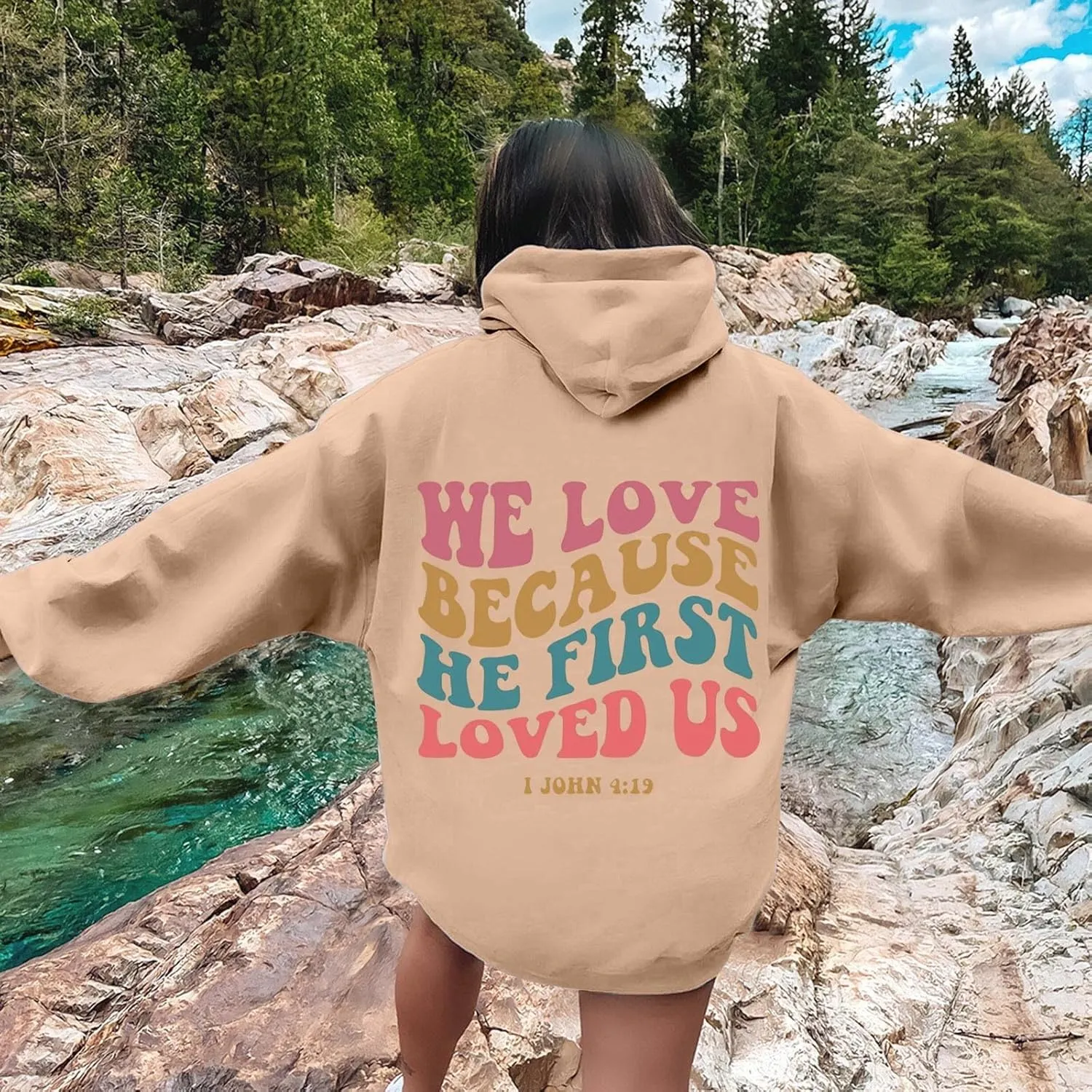 Christian Hoodies For Women We Love Because He First Loved Us Drawstring Hooded Sweatshirts Oversized Graphic Hoodie