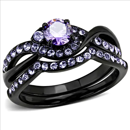 CJE3560 Wholesale Women's Stainless Steel IP Black AAA Grade CZ Amethyst Ring Set