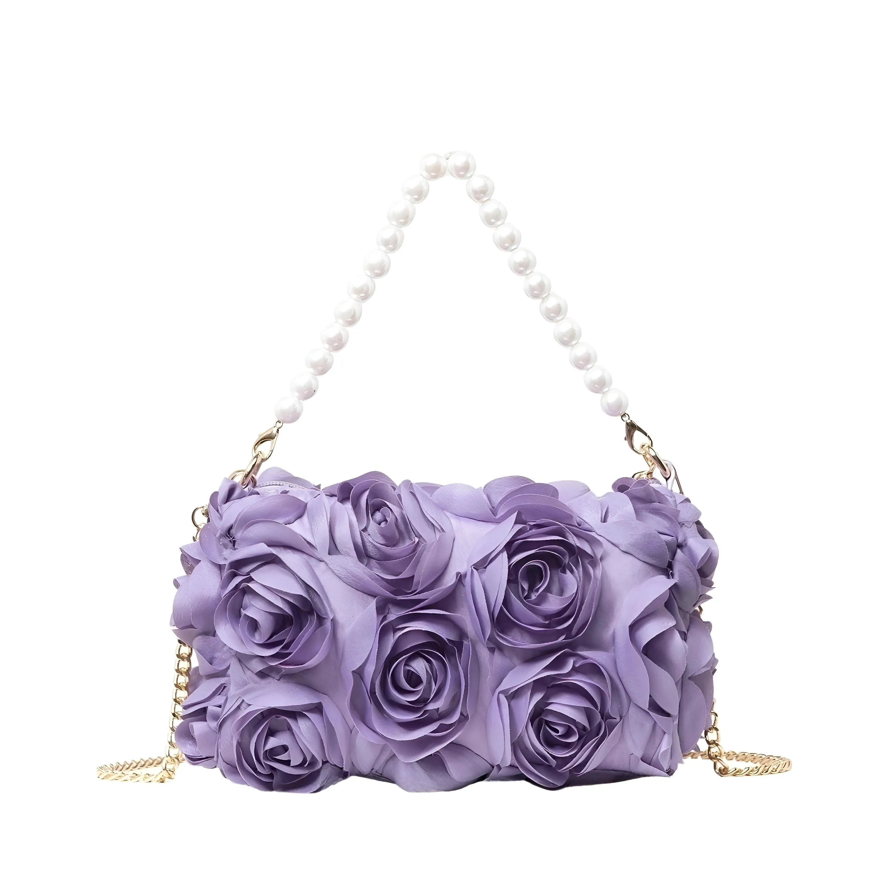 Elegant Rose Flower Dinner Bag Faux Pearl Handbag Metal Chain Crossbody Bag