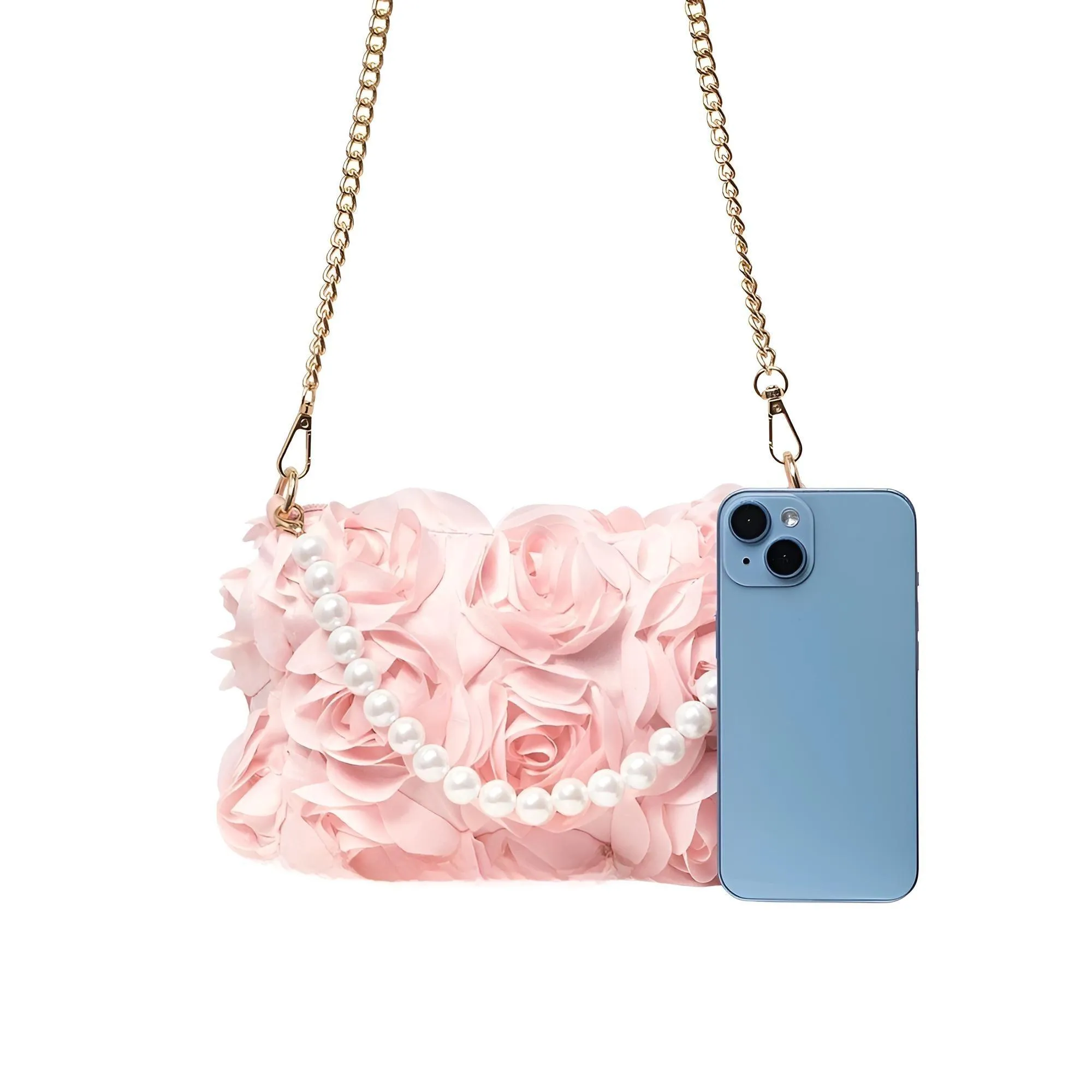 Elegant Rose Flower Dinner Bag Faux Pearl Handbag Metal Chain Crossbody Bag
