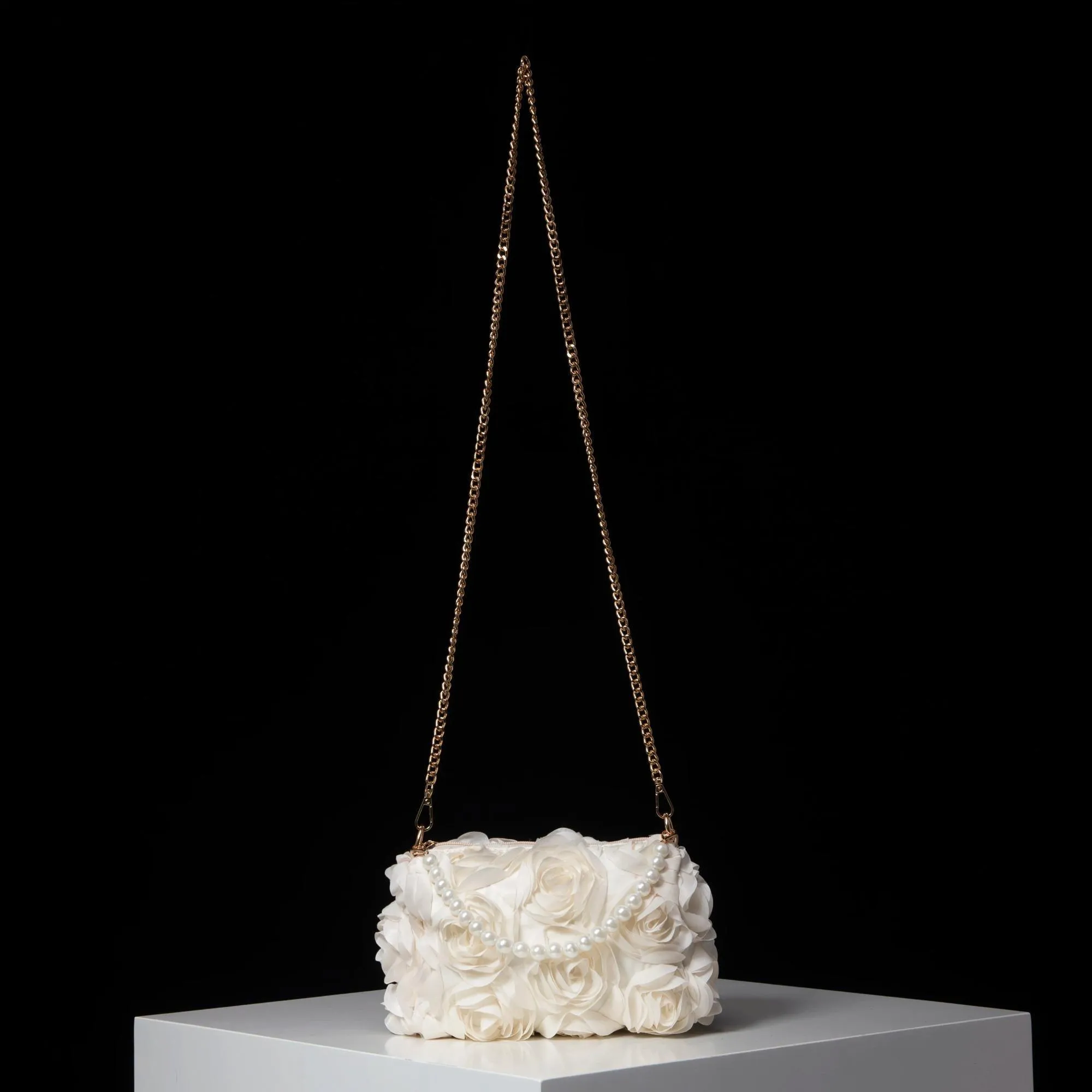 Elegant Rose Flower Dinner Bag Faux Pearl Handbag Metal Chain Crossbody Bag