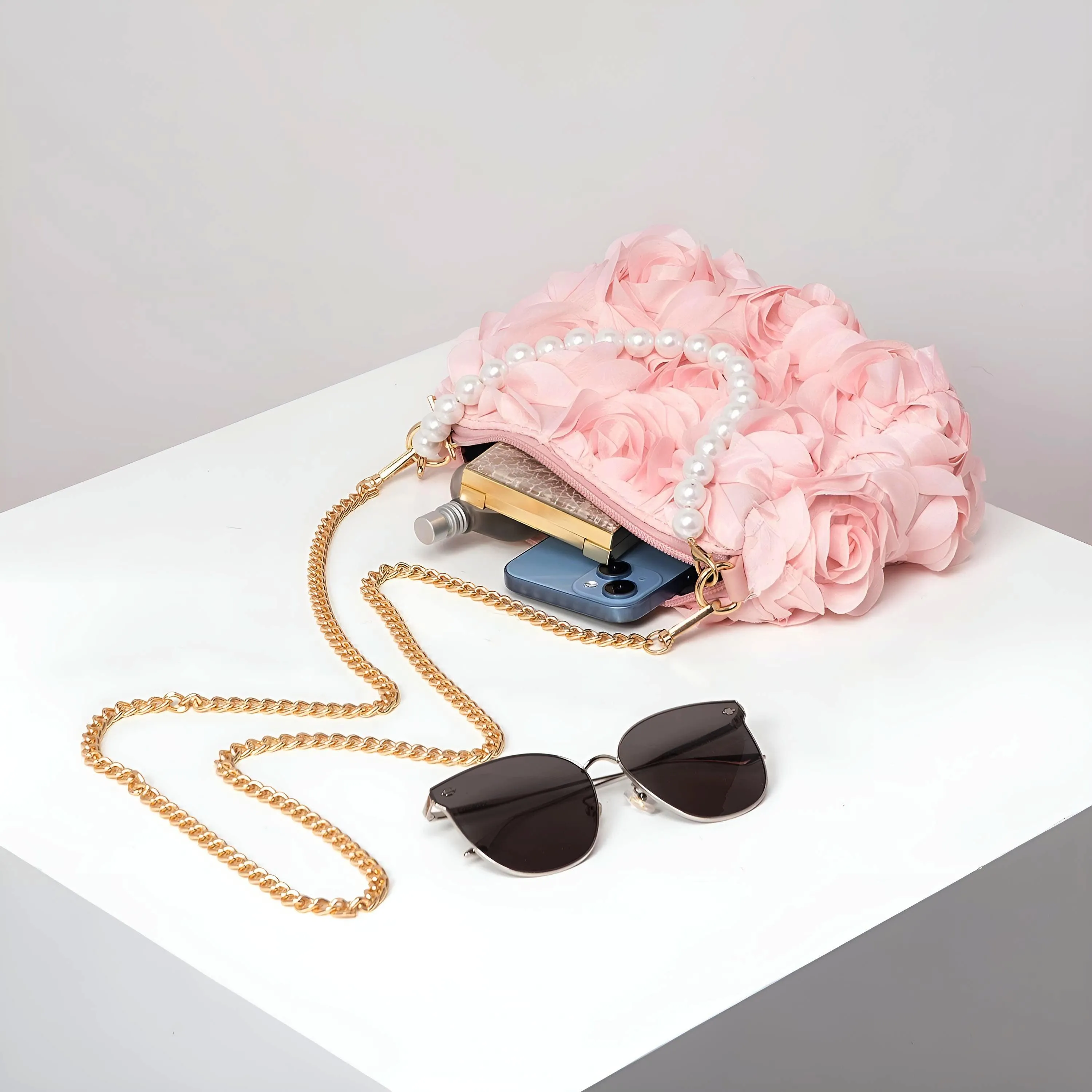 Elegant Rose Flower Dinner Bag Faux Pearl Handbag Metal Chain Crossbody Bag
