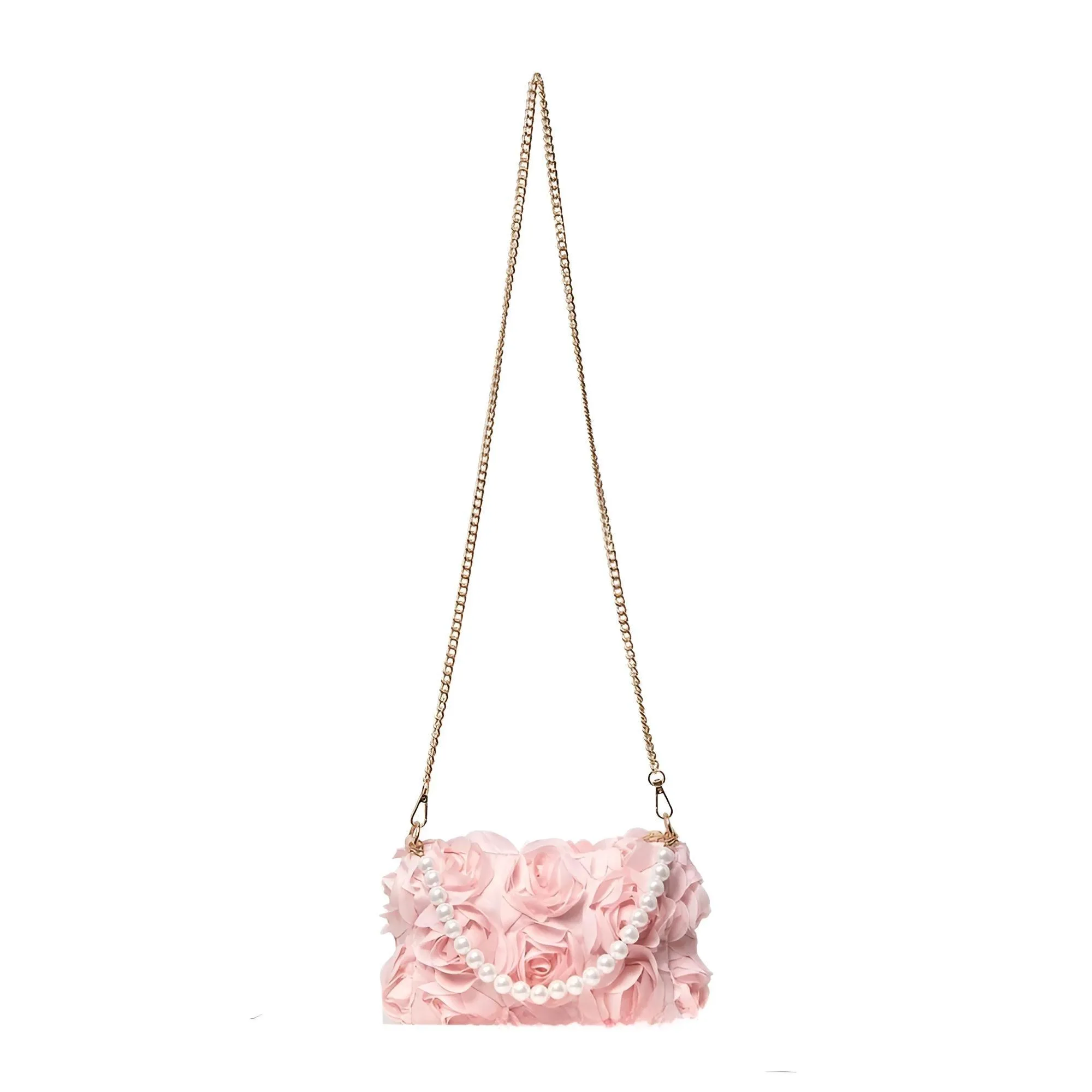 Elegant Rose Flower Dinner Bag Faux Pearl Handbag Metal Chain Crossbody Bag