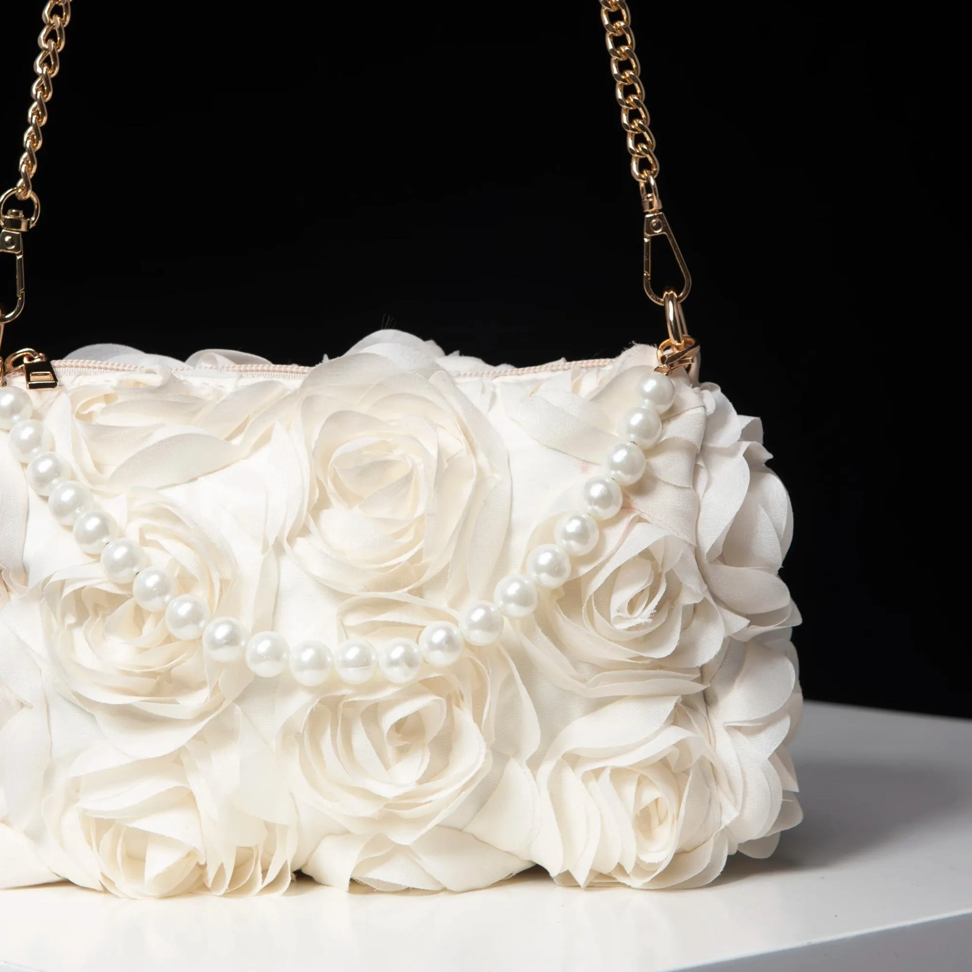 Elegant Rose Flower Dinner Bag Faux Pearl Handbag Metal Chain Crossbody Bag
