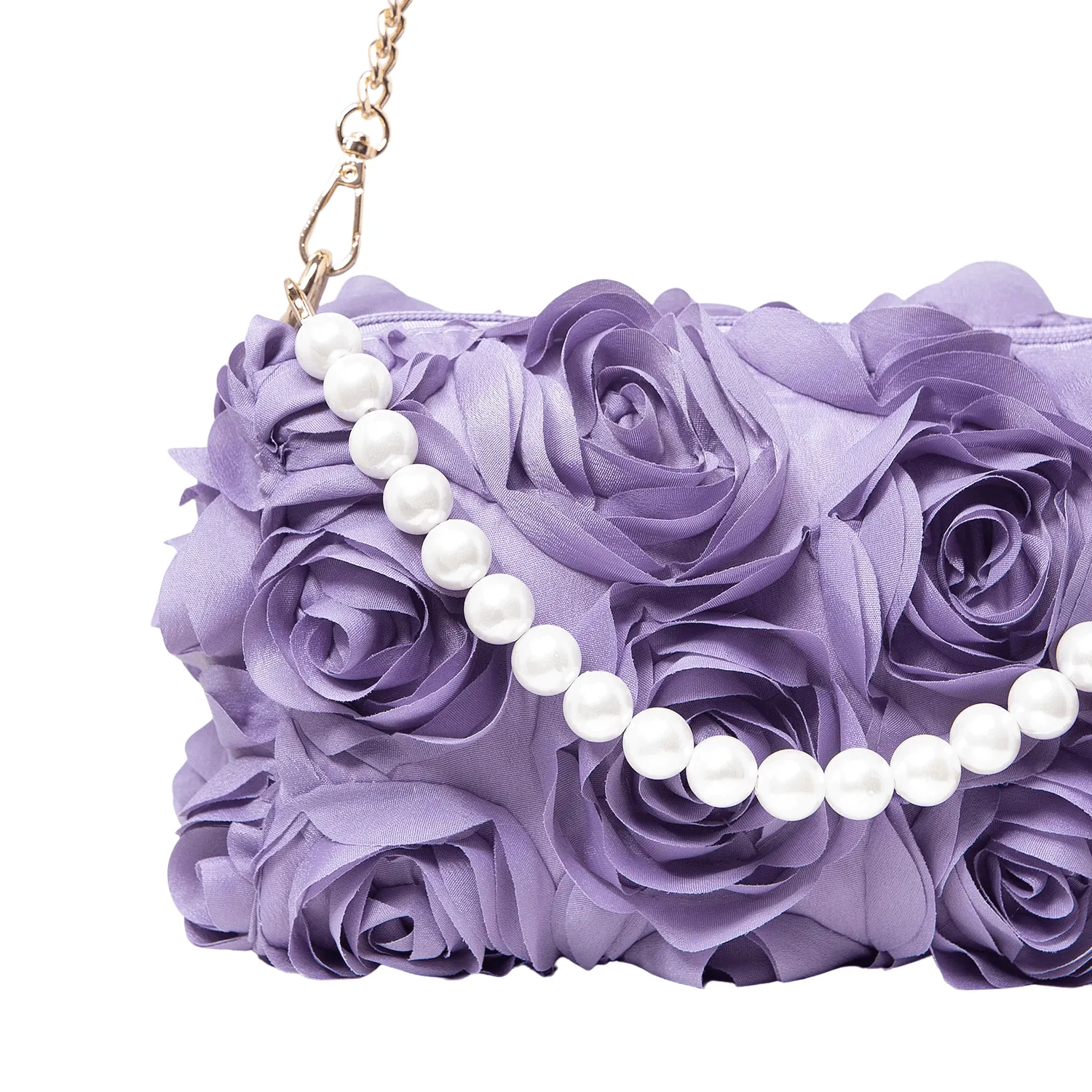 Elegant Rose Flower Dinner Bag Faux Pearl Handbag Metal Chain Crossbody Bag