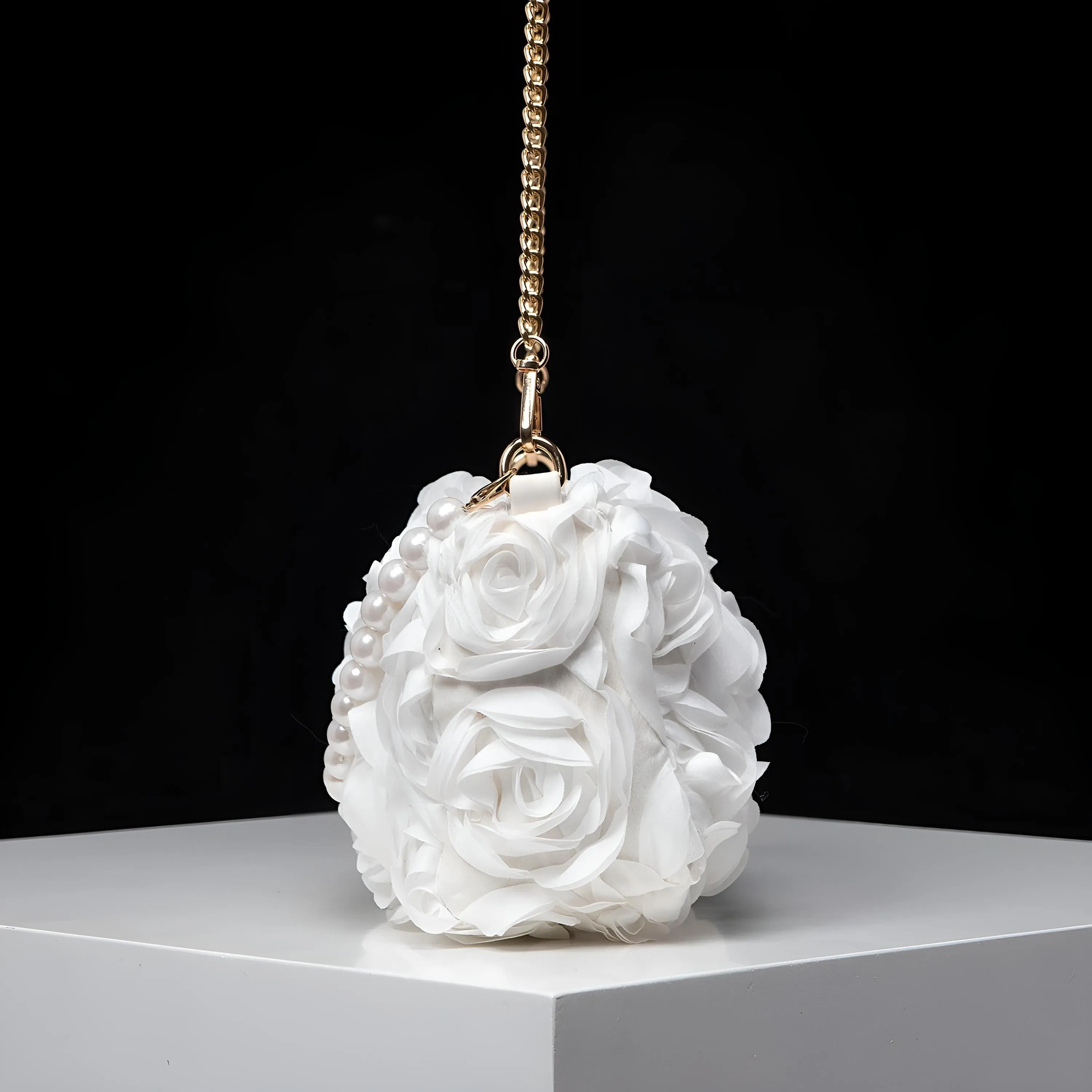 Elegant Rose Flower Dinner Bag Faux Pearl Handbag Metal Chain Crossbody Bag