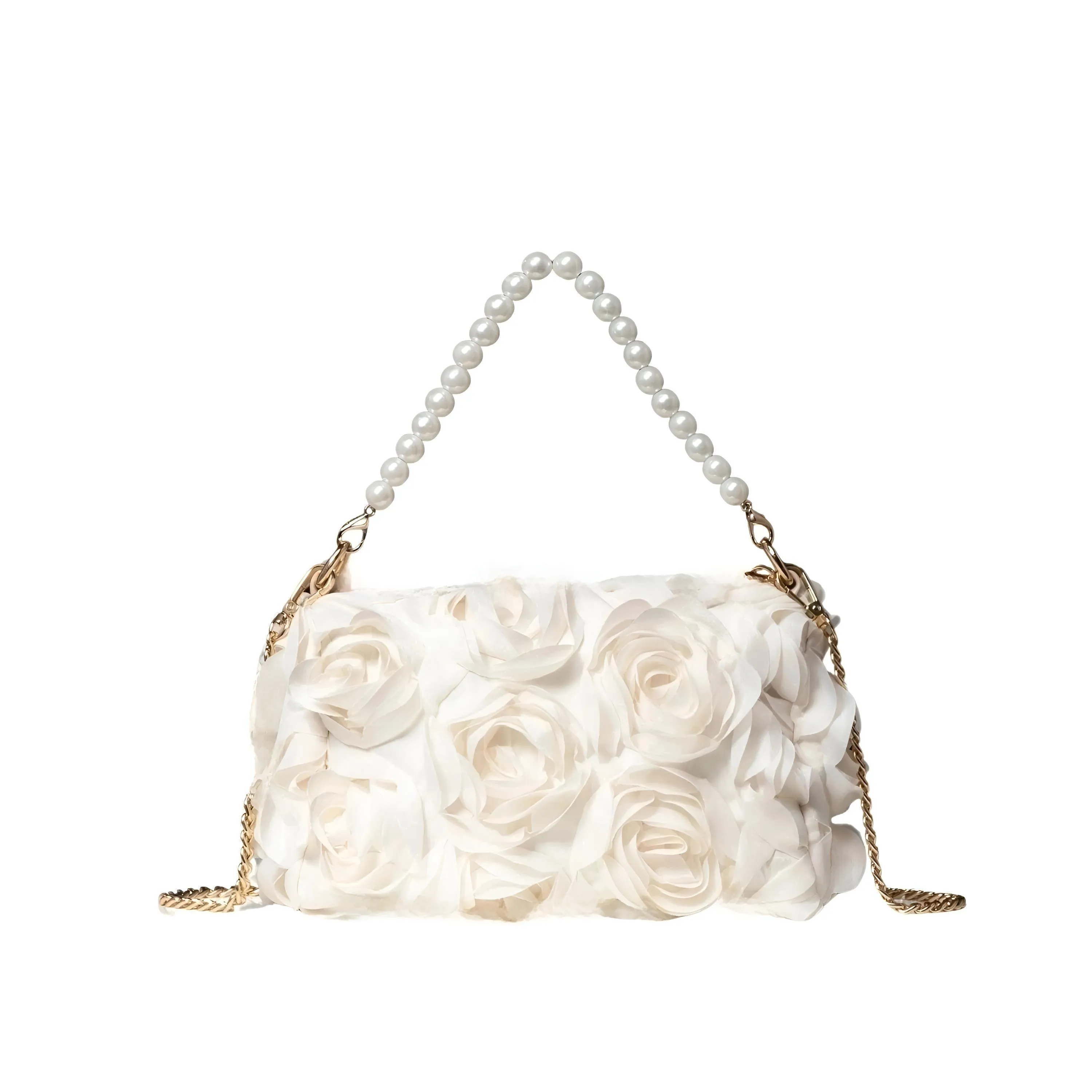 Elegant Rose Flower Dinner Bag Faux Pearl Handbag Metal Chain Crossbody Bag