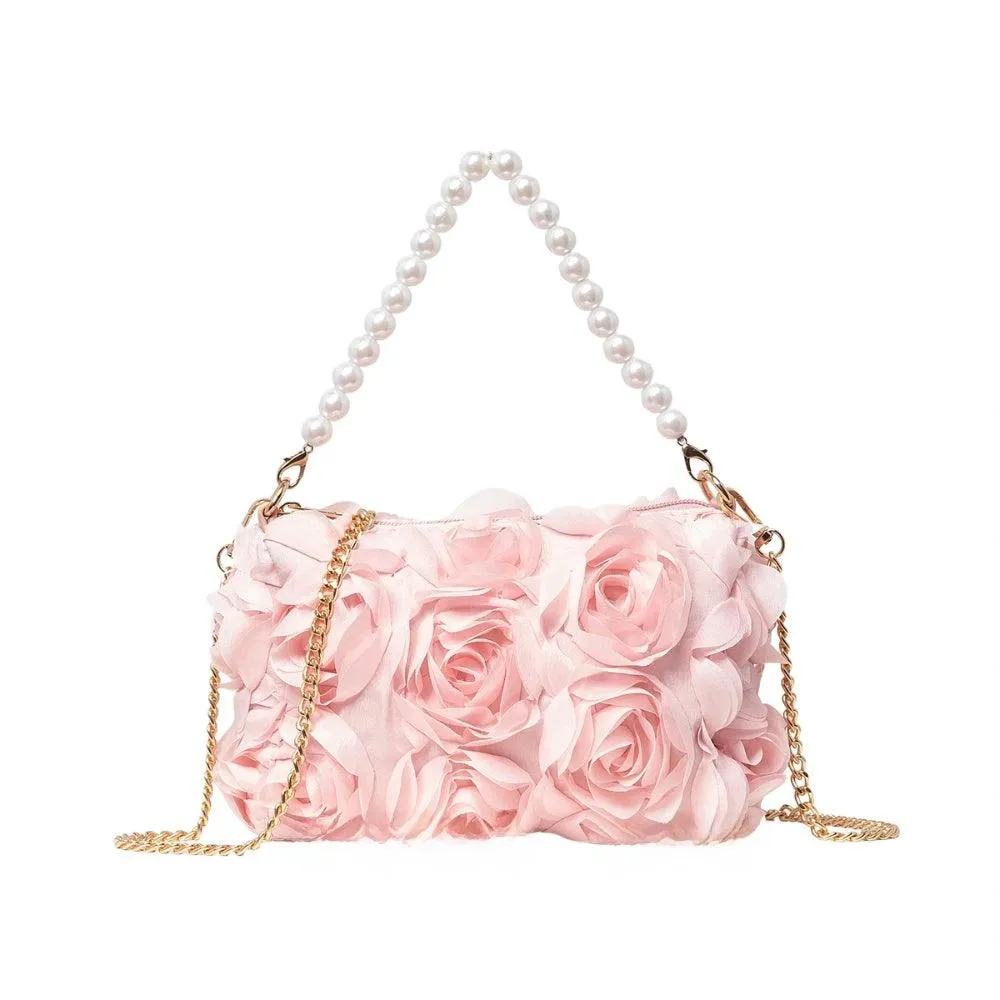 Elegant Rose Flower Dinner Bag Faux Pearl Handbag Metal Chain Crossbody Bag