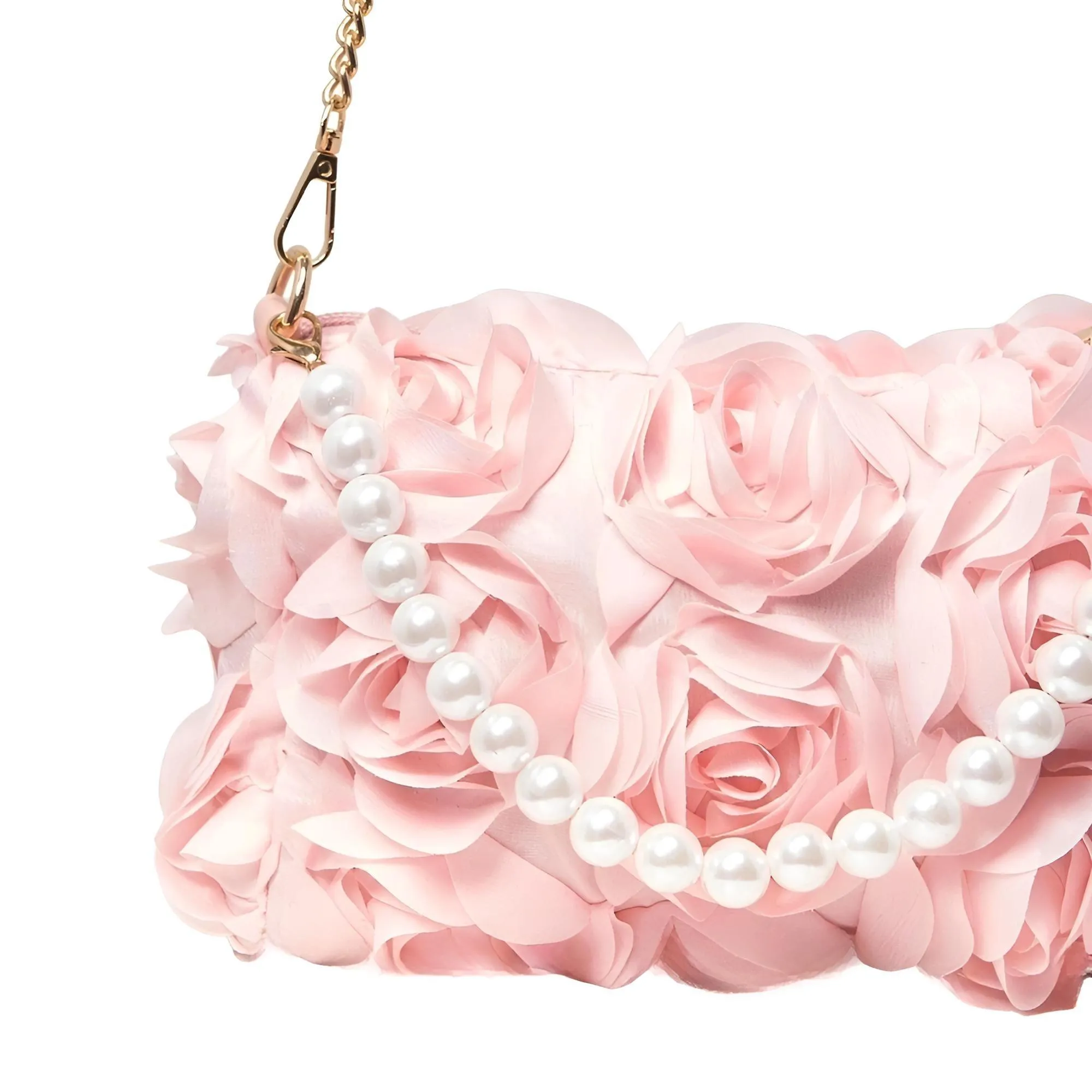 Elegant Rose Flower Dinner Bag Faux Pearl Handbag Metal Chain Crossbody Bag