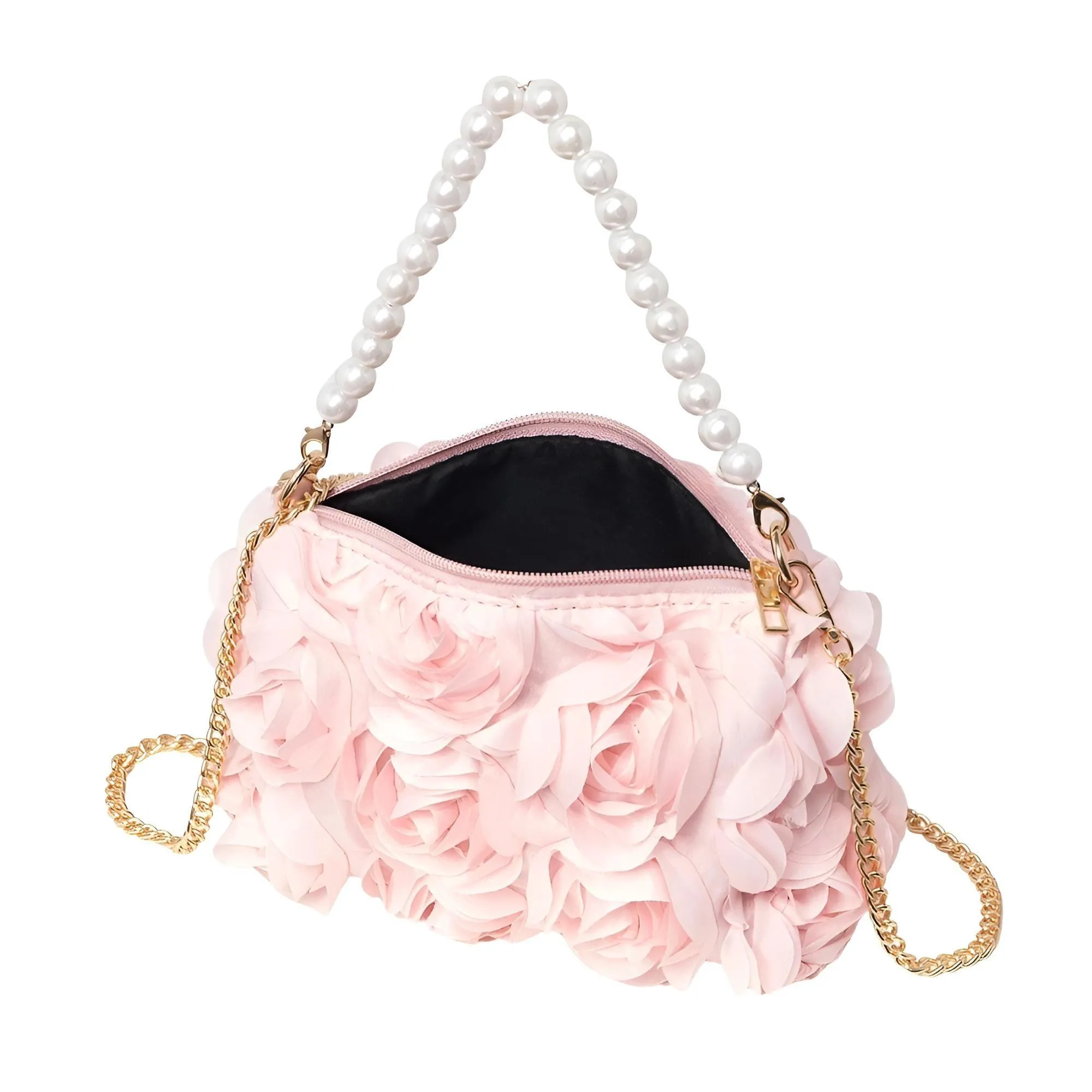 Elegant Rose Flower Dinner Bag Faux Pearl Handbag Metal Chain Crossbody Bag