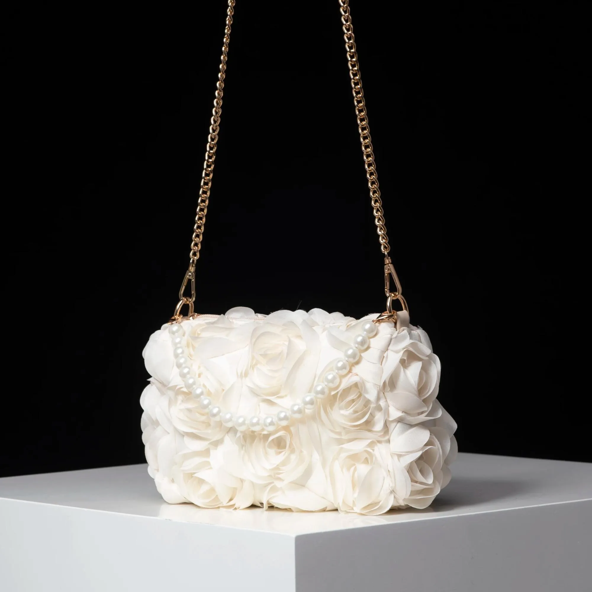 Elegant Rose Flower Dinner Bag Faux Pearl Handbag Metal Chain Crossbody Bag