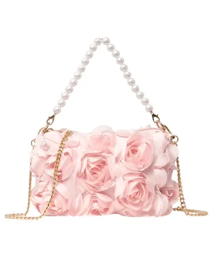 Elegant Rose Flower Dinner Bag Faux Pearl Handbag Metal Chain Crossbody Bag