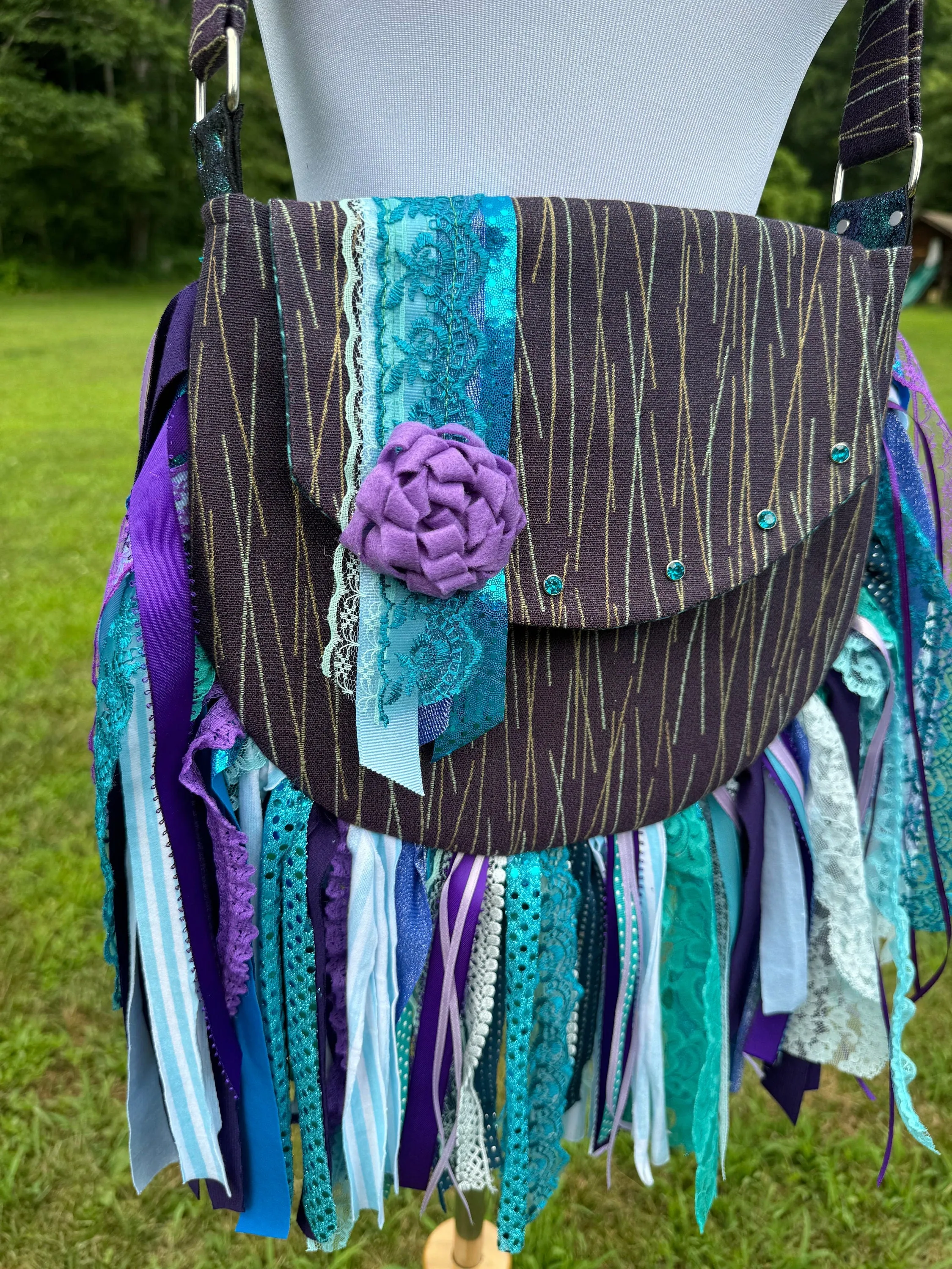 Embellished Purple and Teal Lace Fringe Purse - Boho Handbag, Hippie Style with a Chic Twist