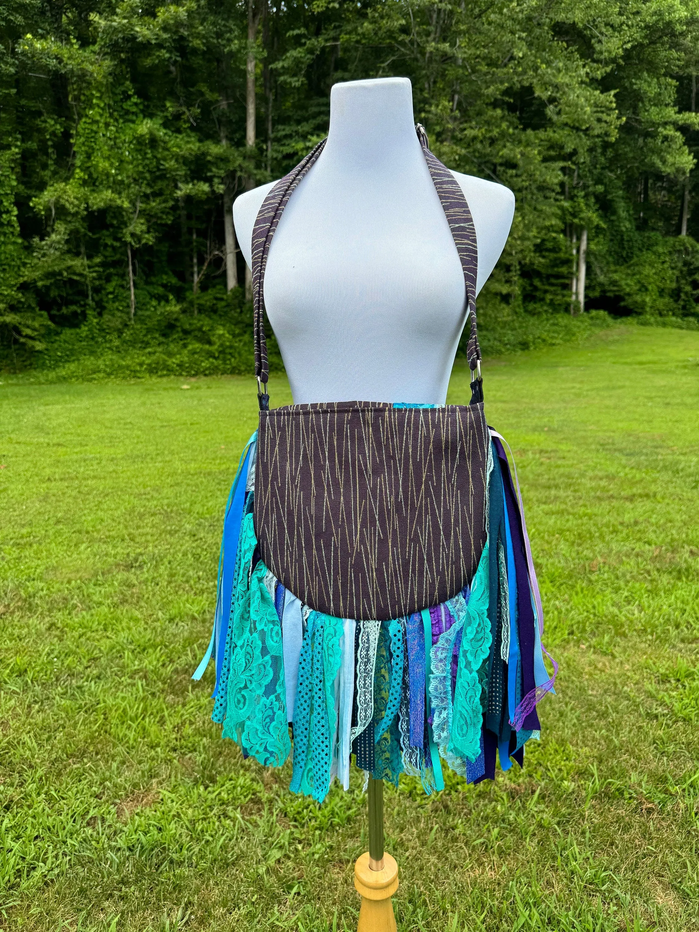 Embellished Purple and Teal Lace Fringe Purse - Boho Handbag, Hippie Style with a Chic Twist