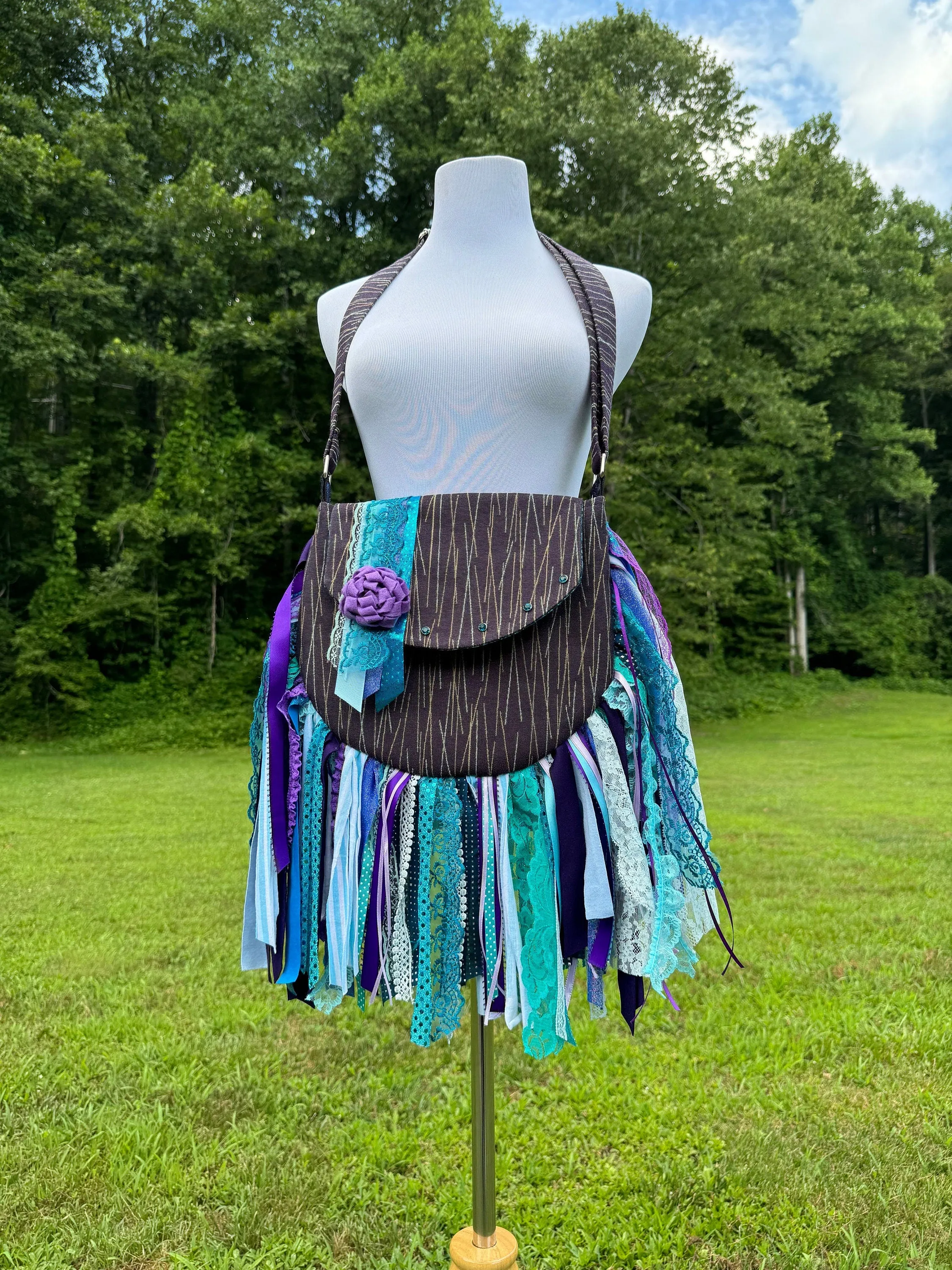 Embellished Purple and Teal Lace Fringe Purse - Boho Handbag, Hippie Style with a Chic Twist