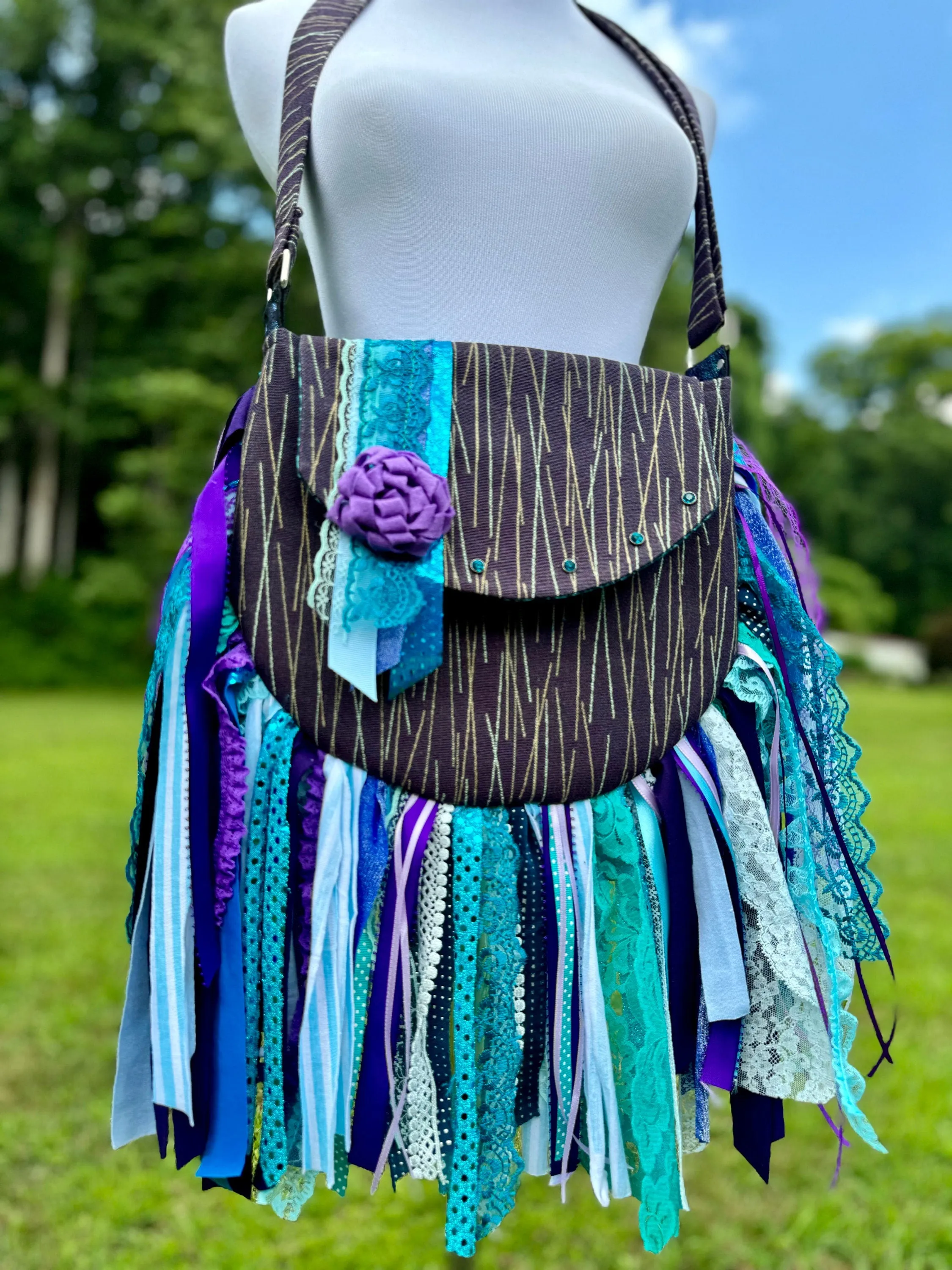 Embellished Purple and Teal Lace Fringe Purse - Boho Handbag, Hippie Style with a Chic Twist