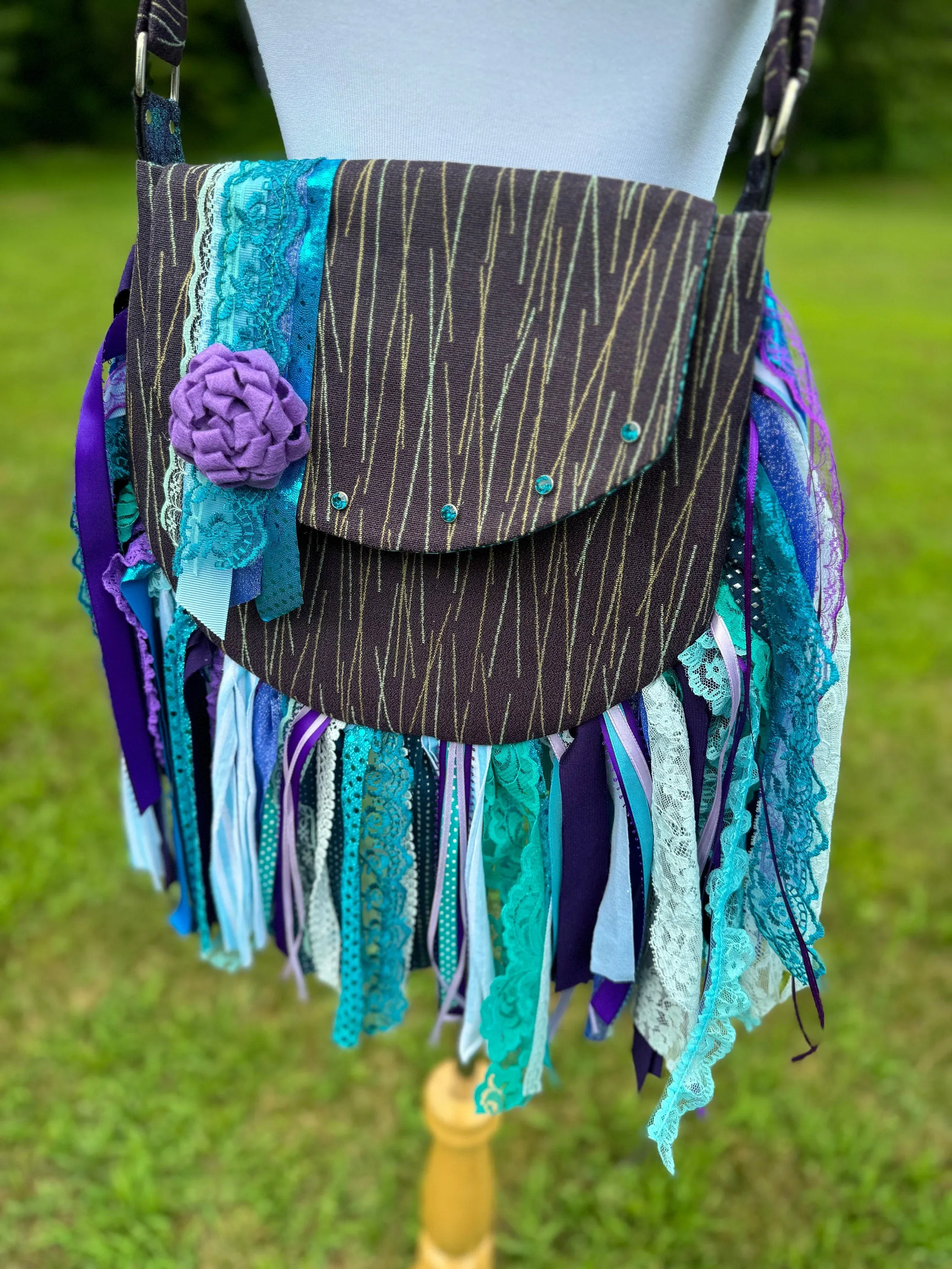 Embellished Purple and Teal Lace Fringe Purse - Boho Handbag, Hippie Style with a Chic Twist