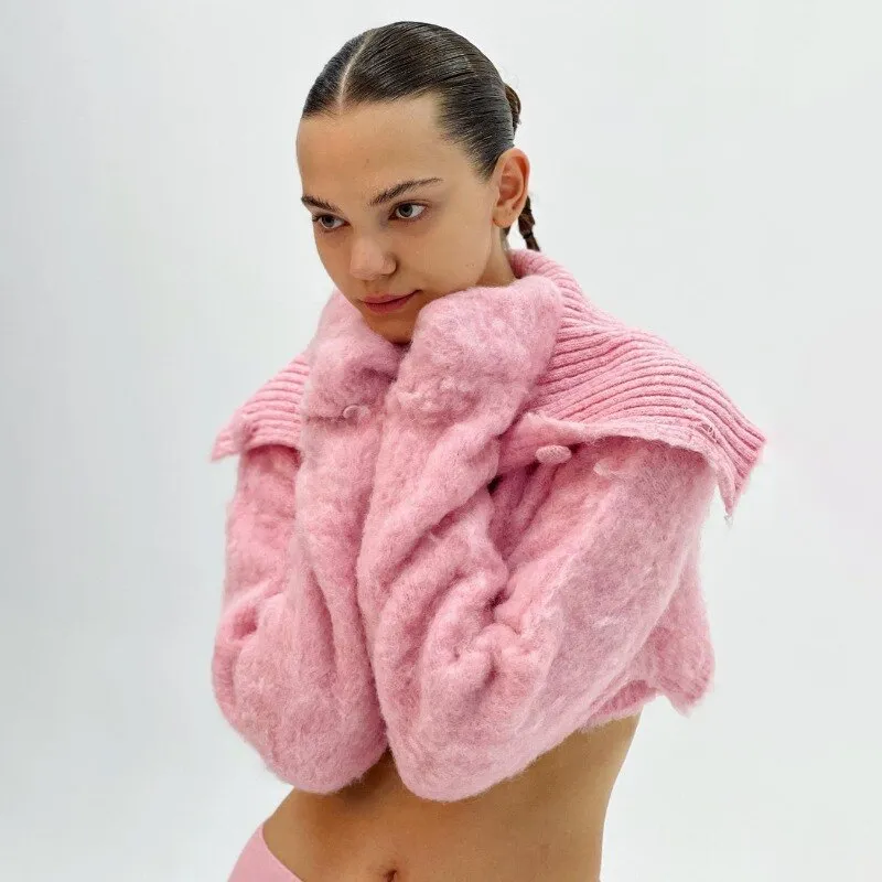 Fashionkova Y2k Sweaters Women Pink Long Sleeve Button Sexy Patchwork Plush Cropped Turtleneck Autumn Winter Gyaru Short Sweaters