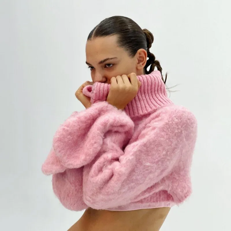 Fashionkova Y2k Sweaters Women Pink Long Sleeve Button Sexy Patchwork Plush Cropped Turtleneck Autumn Winter Gyaru Short Sweaters