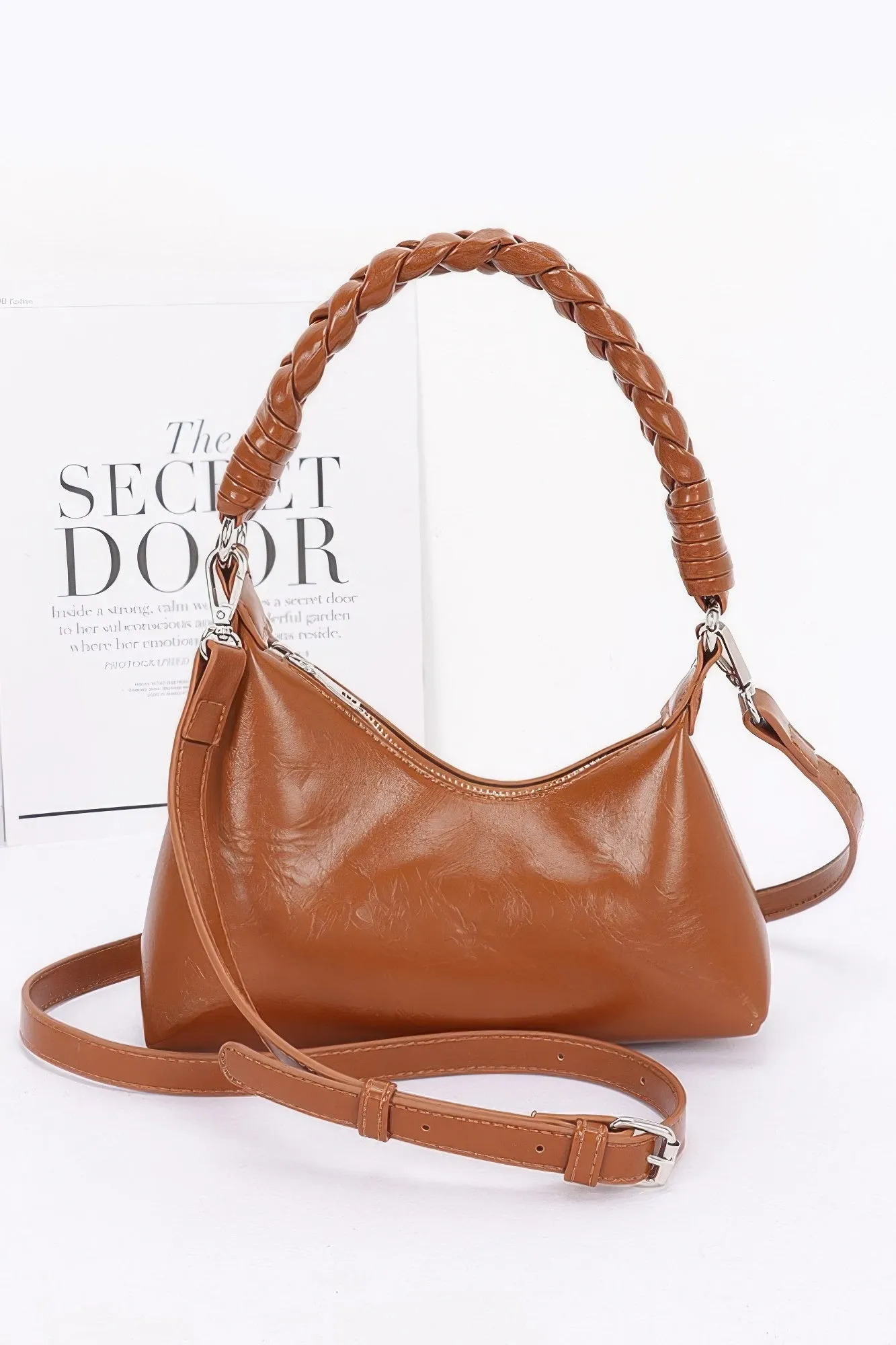 Faux Leather Braided Strap Shoulder Bag