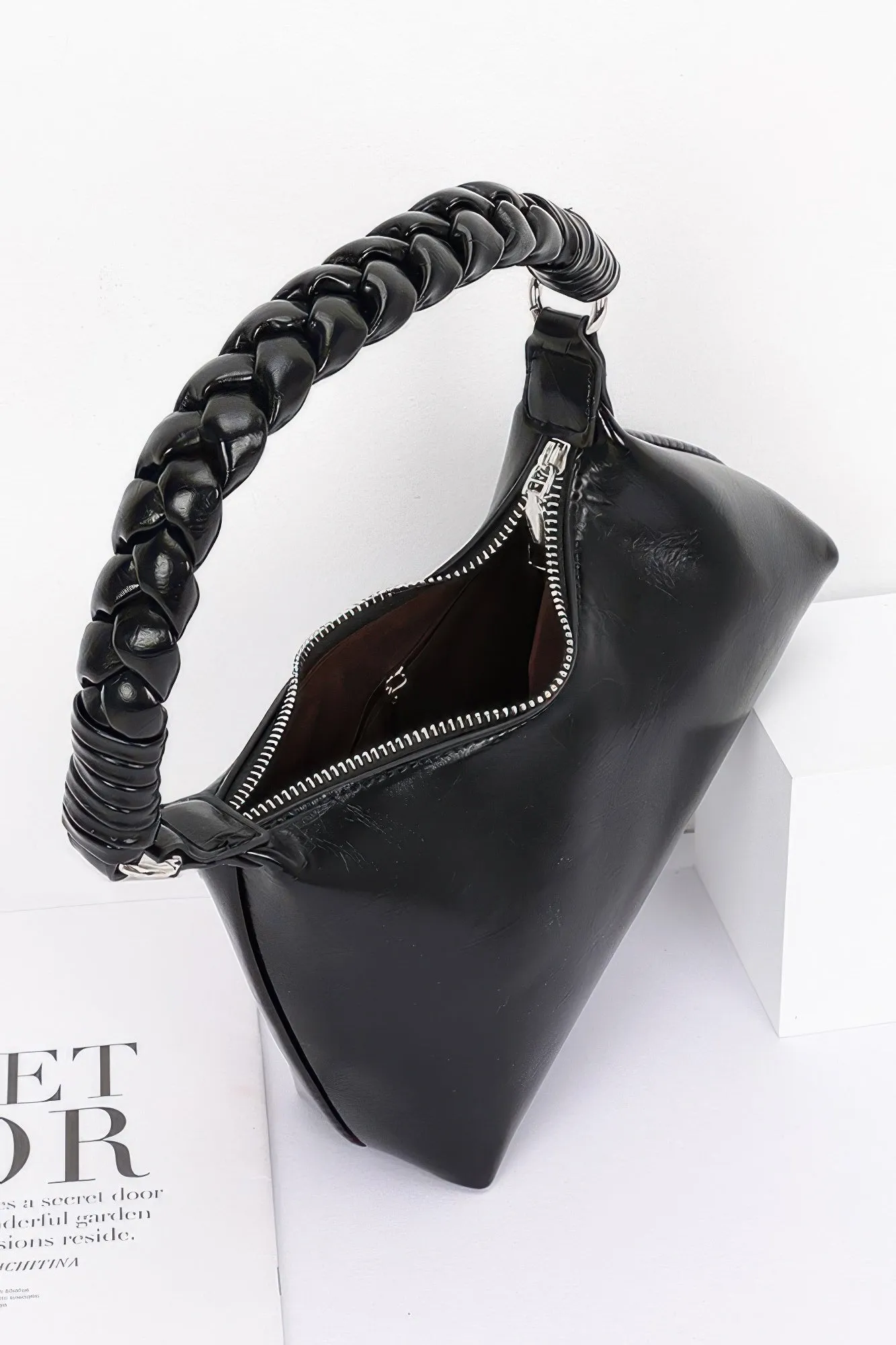 Faux Leather Braided Strap Shoulder Bag