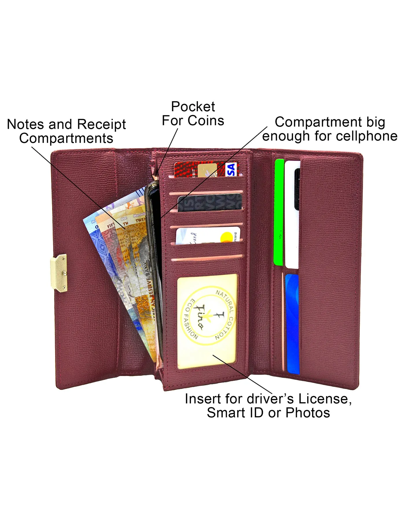 Fino 51333 Tri-Fold Faux Leather Cell Phone Compartment Purse with Box