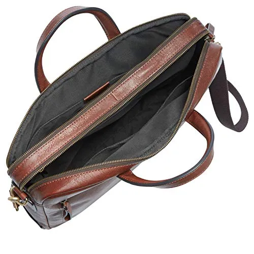 Fossil Men's Haskel Leather Double Zip Briefcase Messenger Laptop Bag, Cognac
